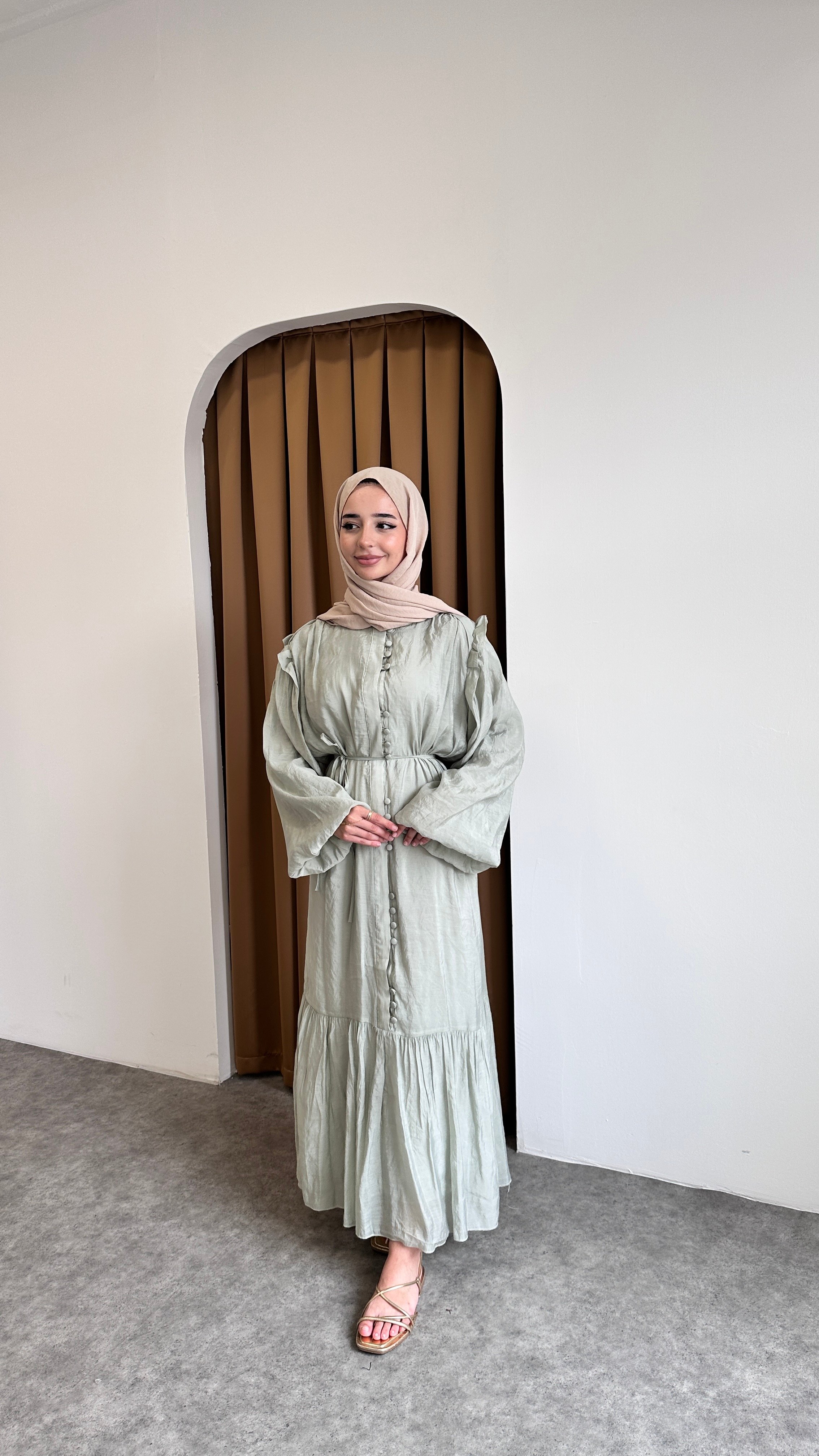 Volanlı Düğme Elbise - Yeşil