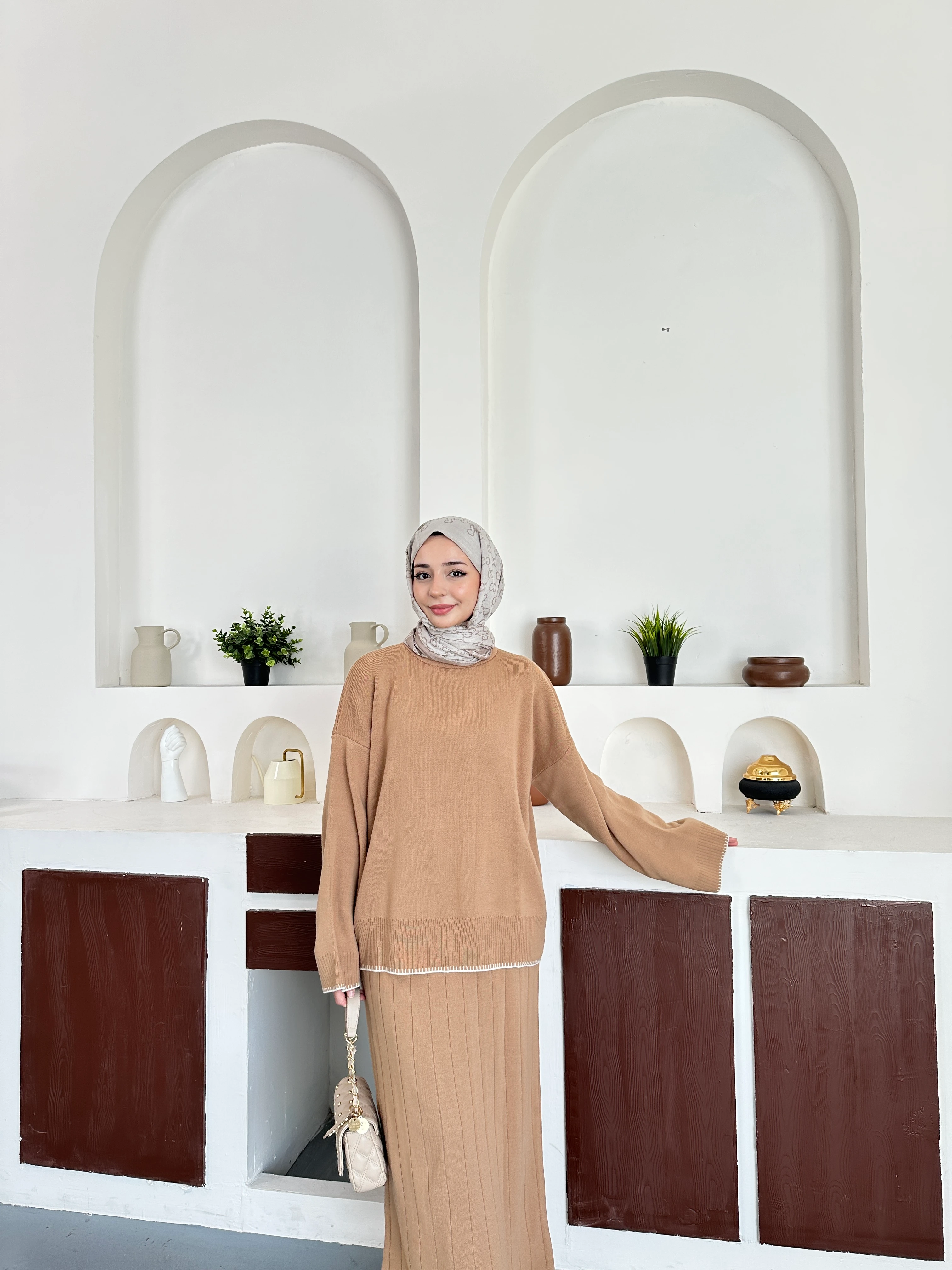 Etekli takım trikoo - Taba