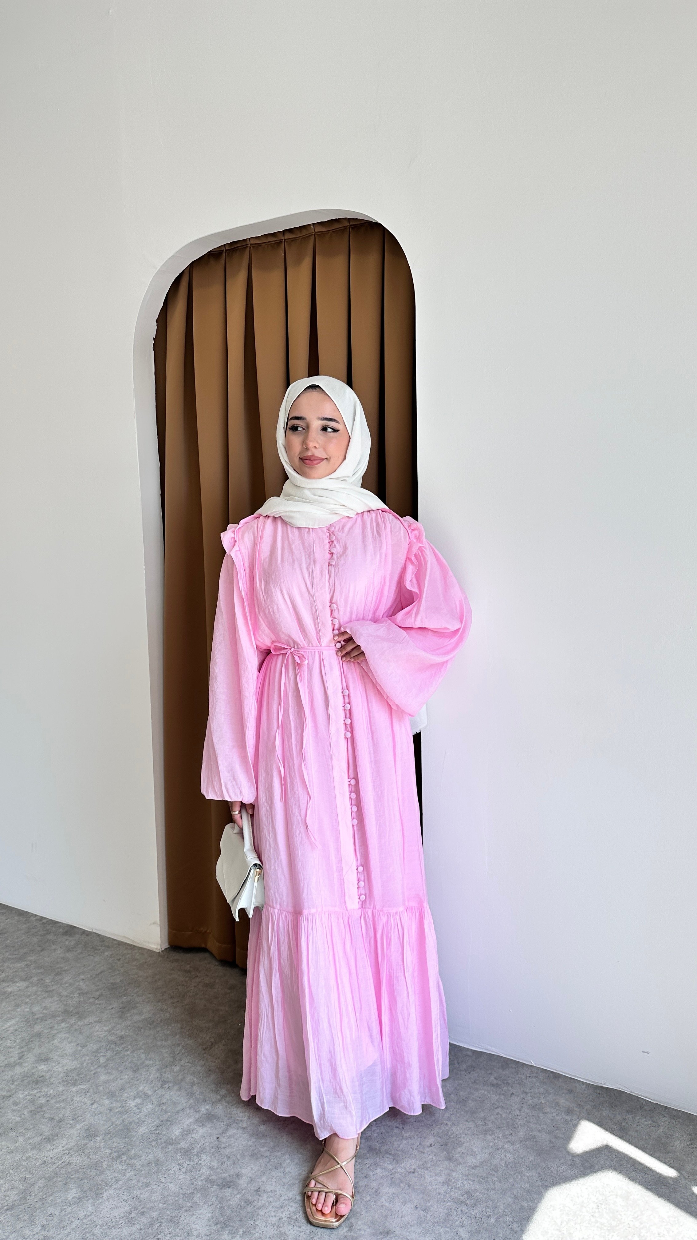 Volanlı Düğme Elbise - Pembe