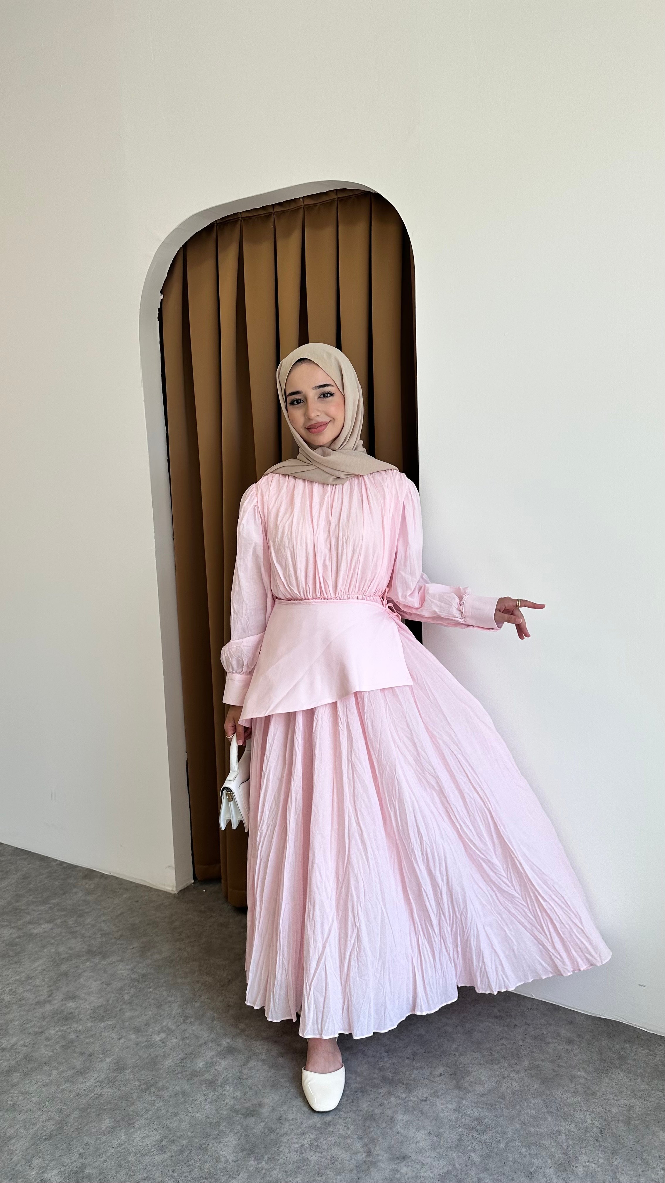 İnci Pile Elbise - Pembe