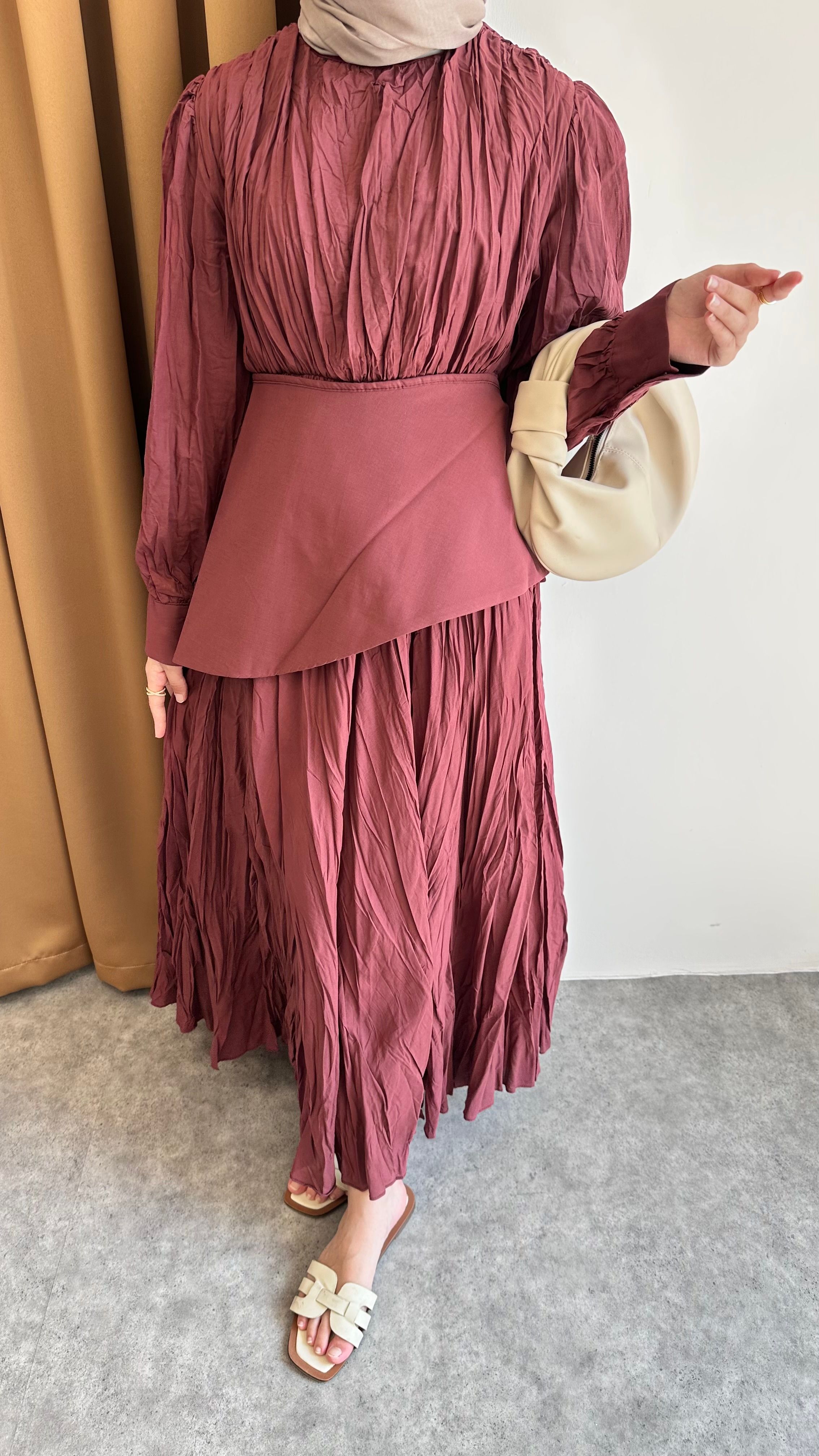 İnci Pile Elbise - Bordo