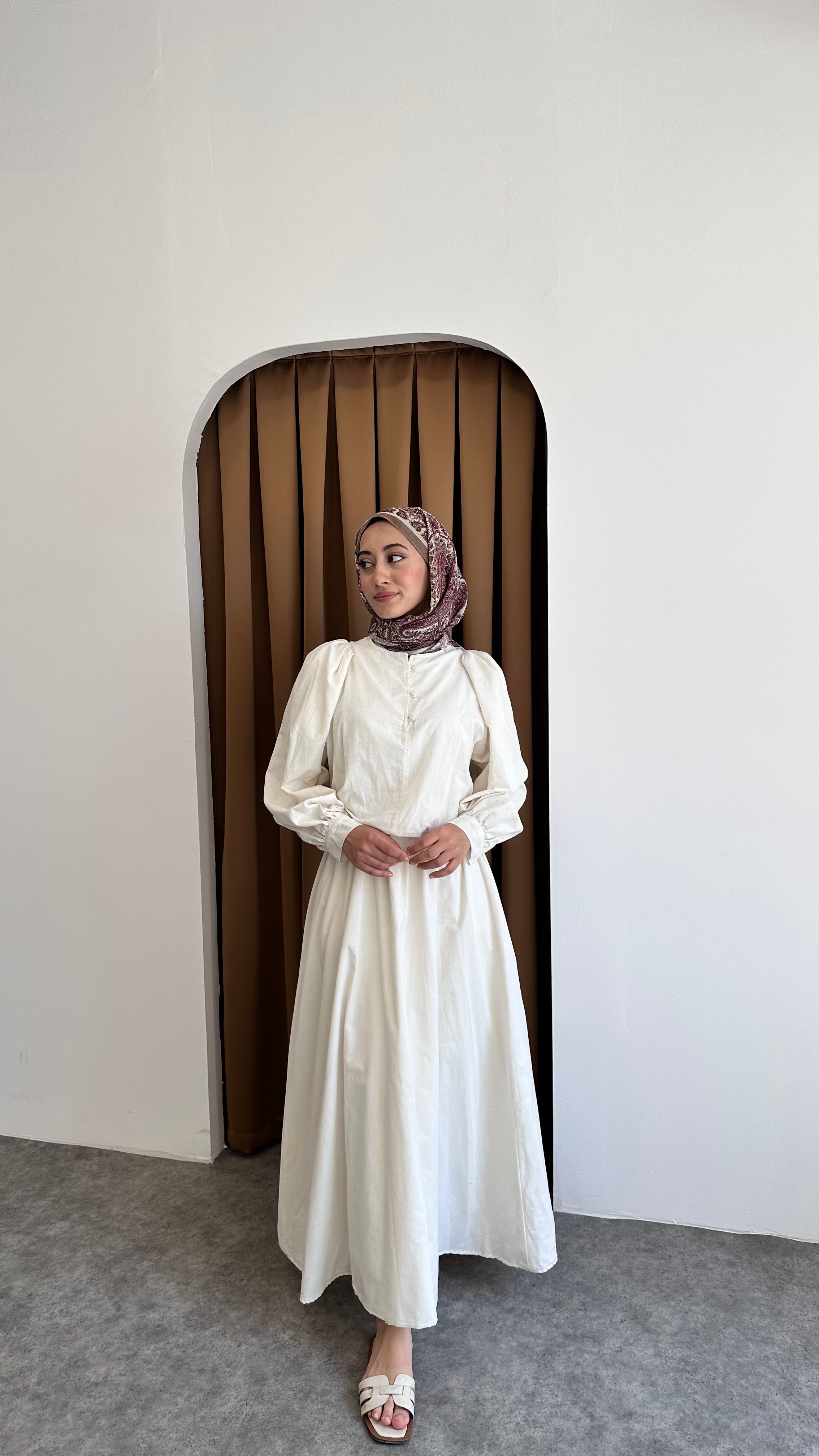 Taşlı keten elbise - Beyaz