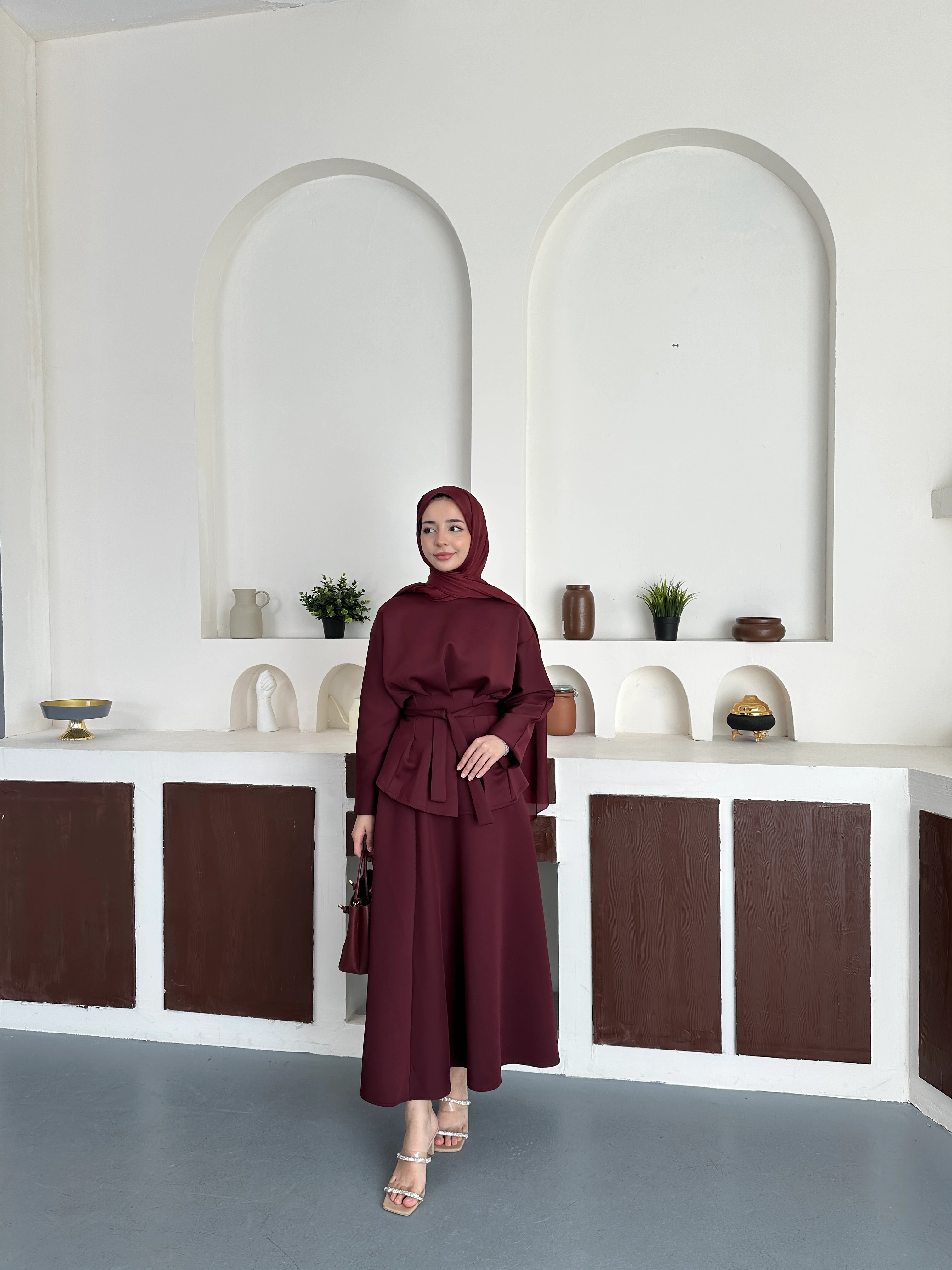 Pileli etekli takım - Bordoo