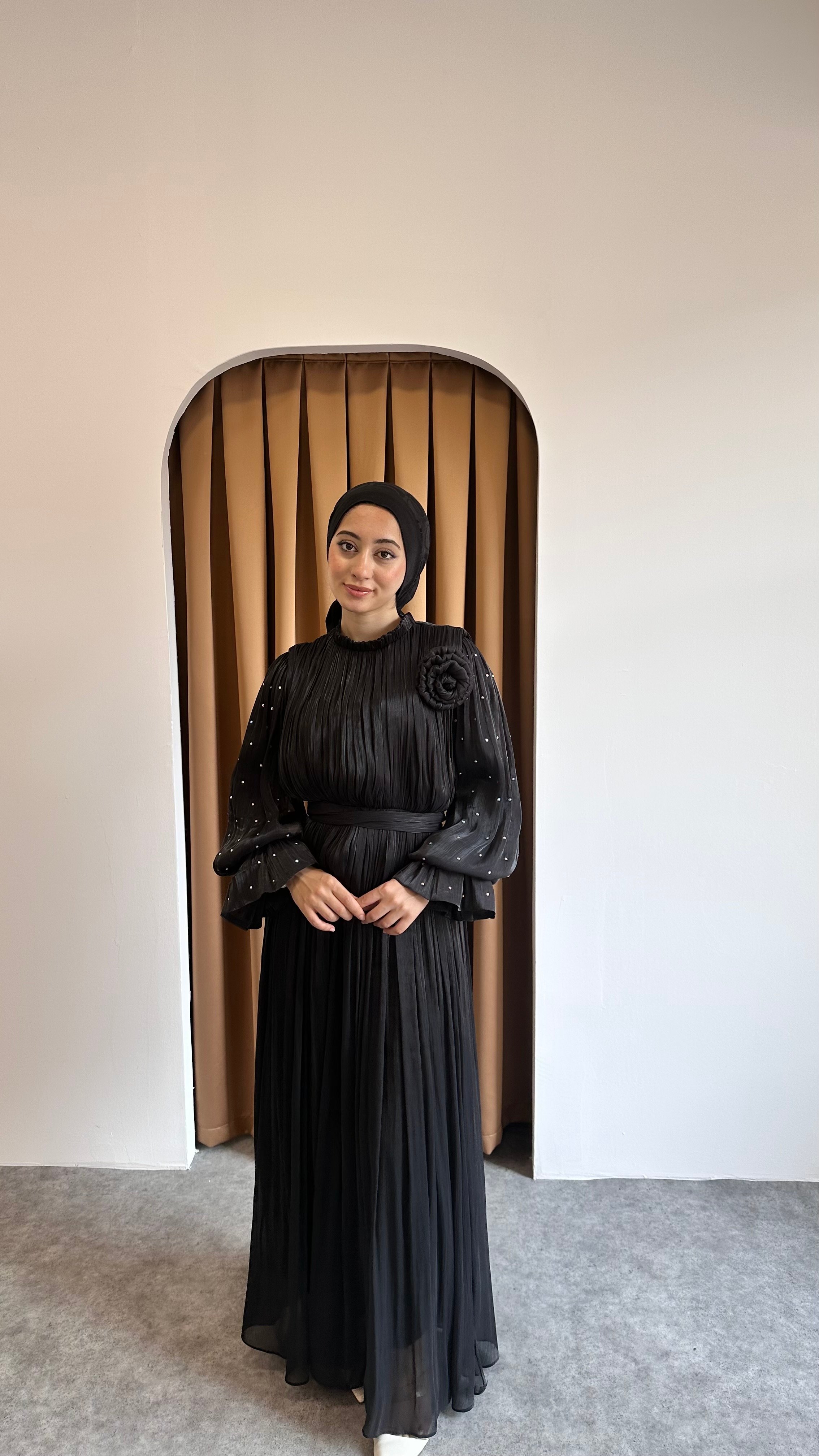 taşlı gül detaylı abiye - Siyah