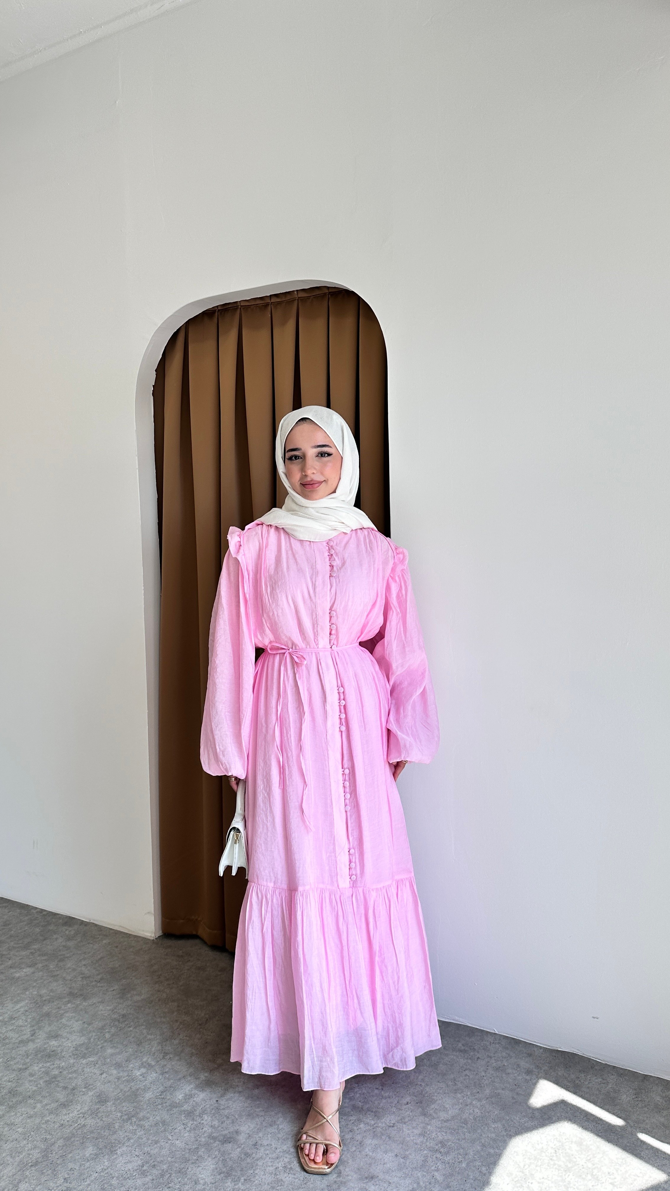Volanlı Düğme Elbise - Pembe