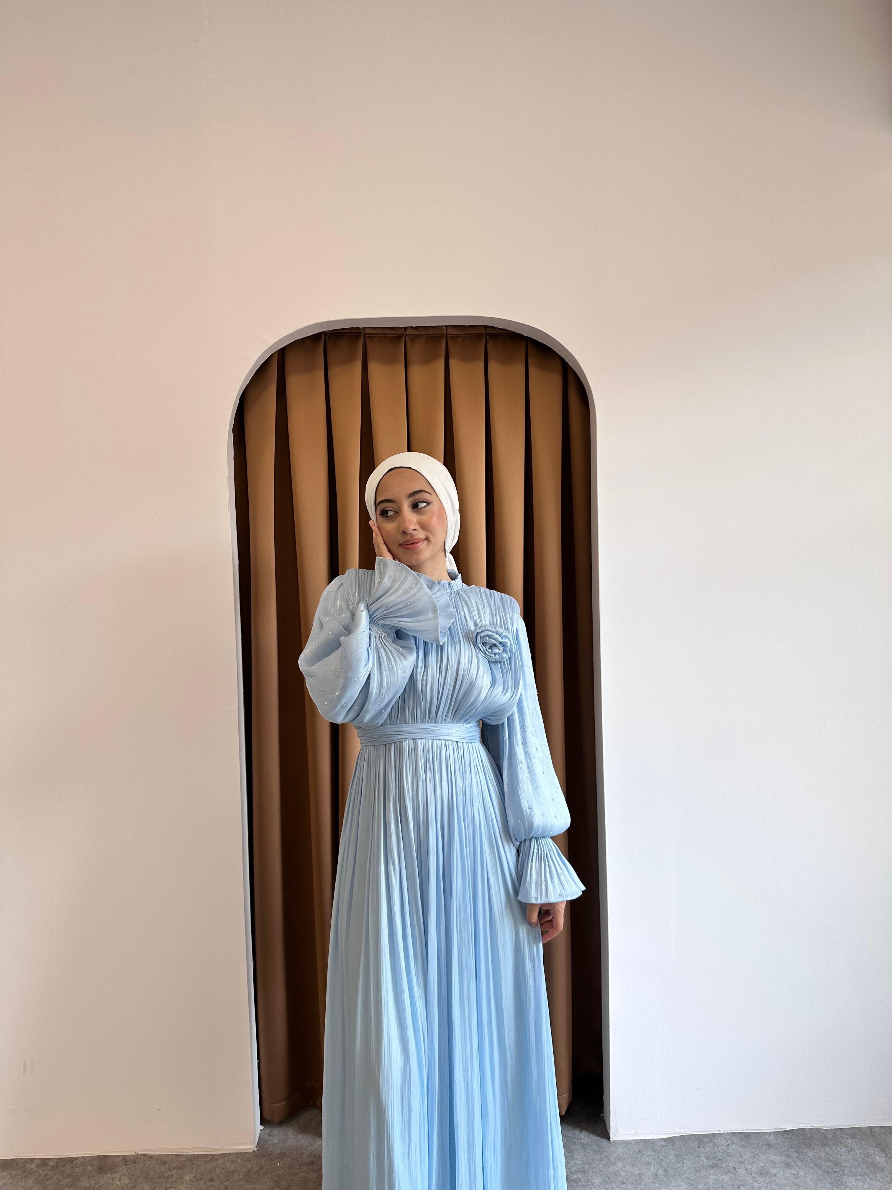 taşlı gül detaylı abiye - Mavi