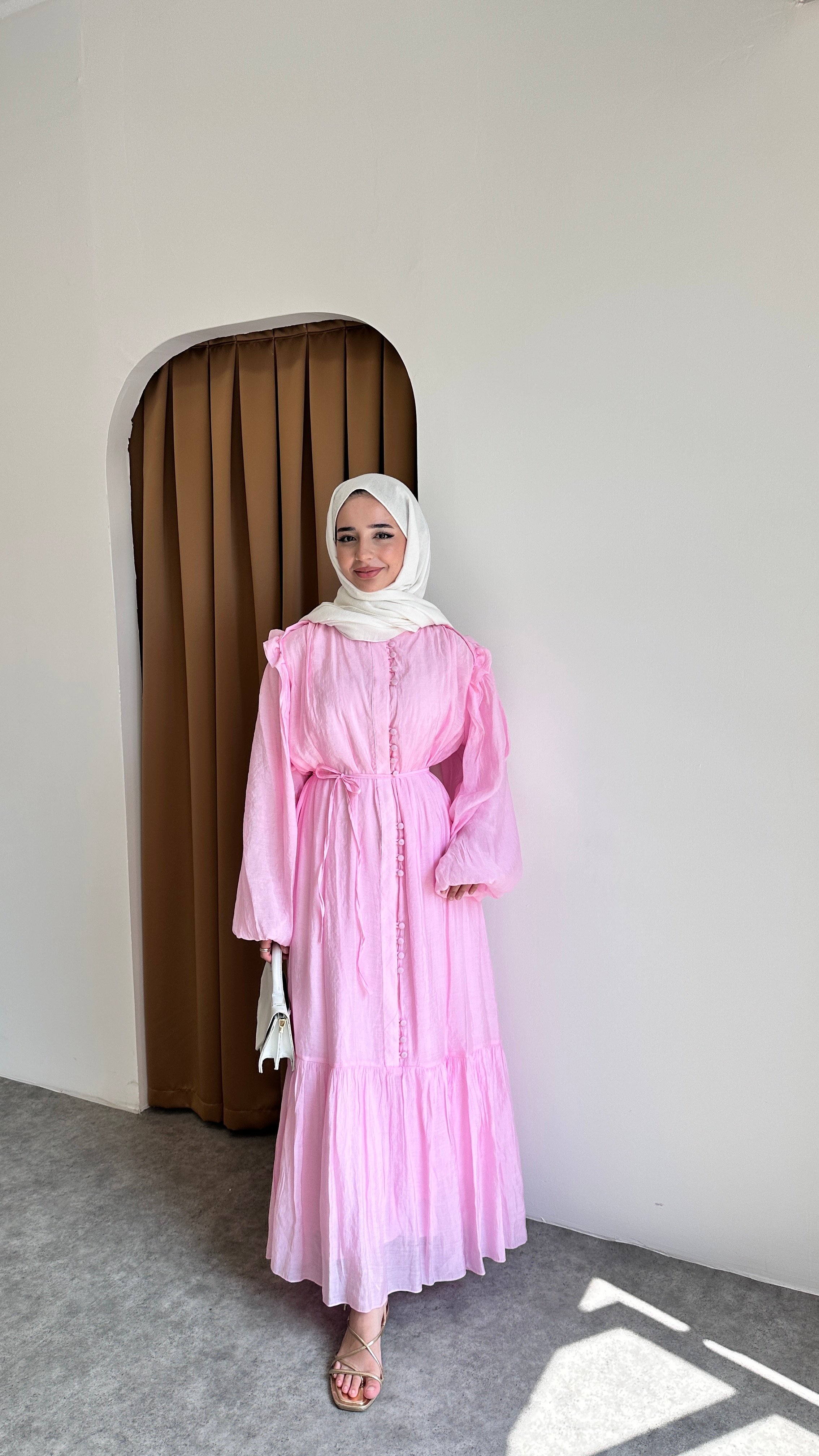 Volanlı Düğme Elbise - Pembe