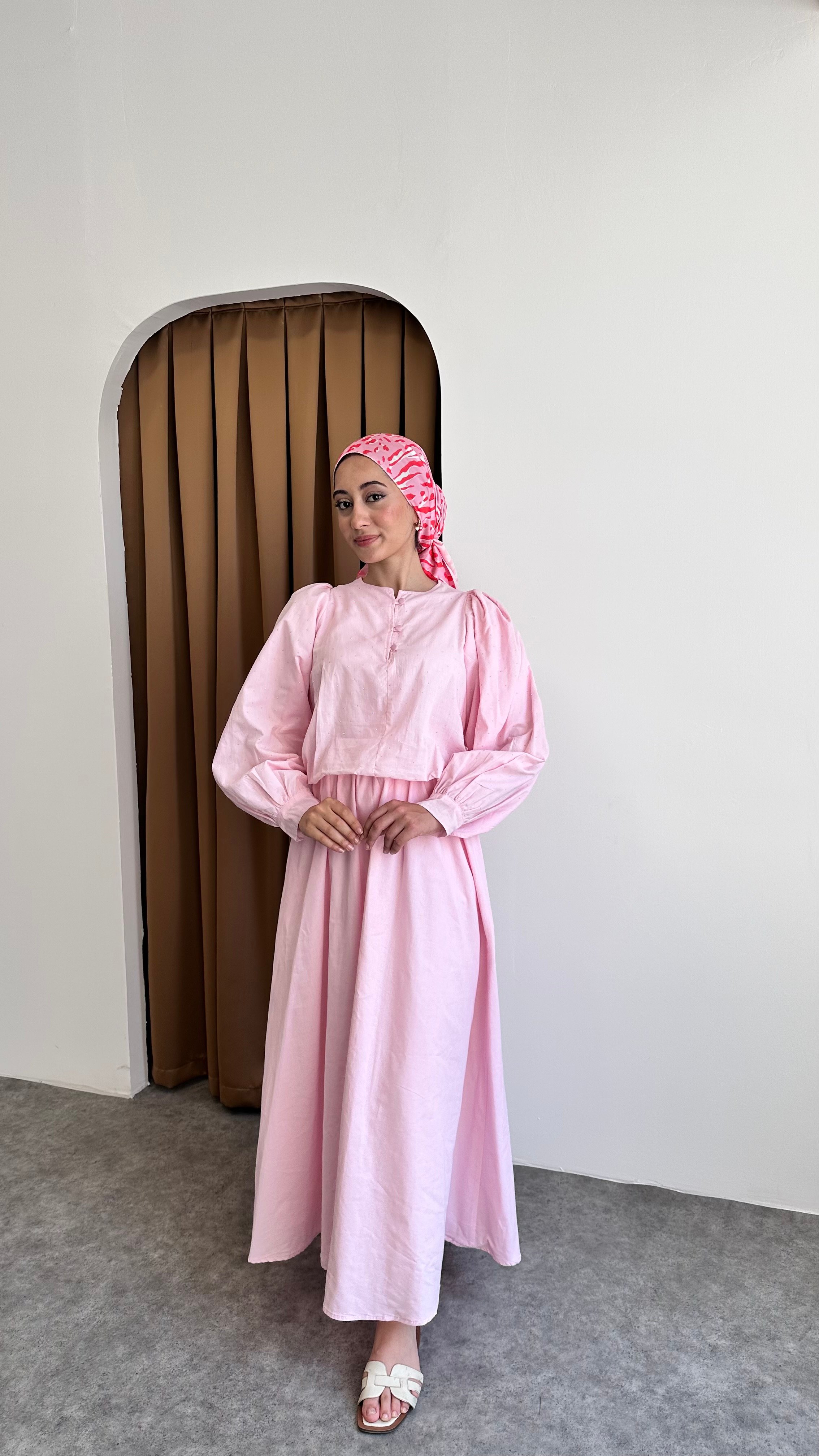 Taşlı keten elbise - Pembe