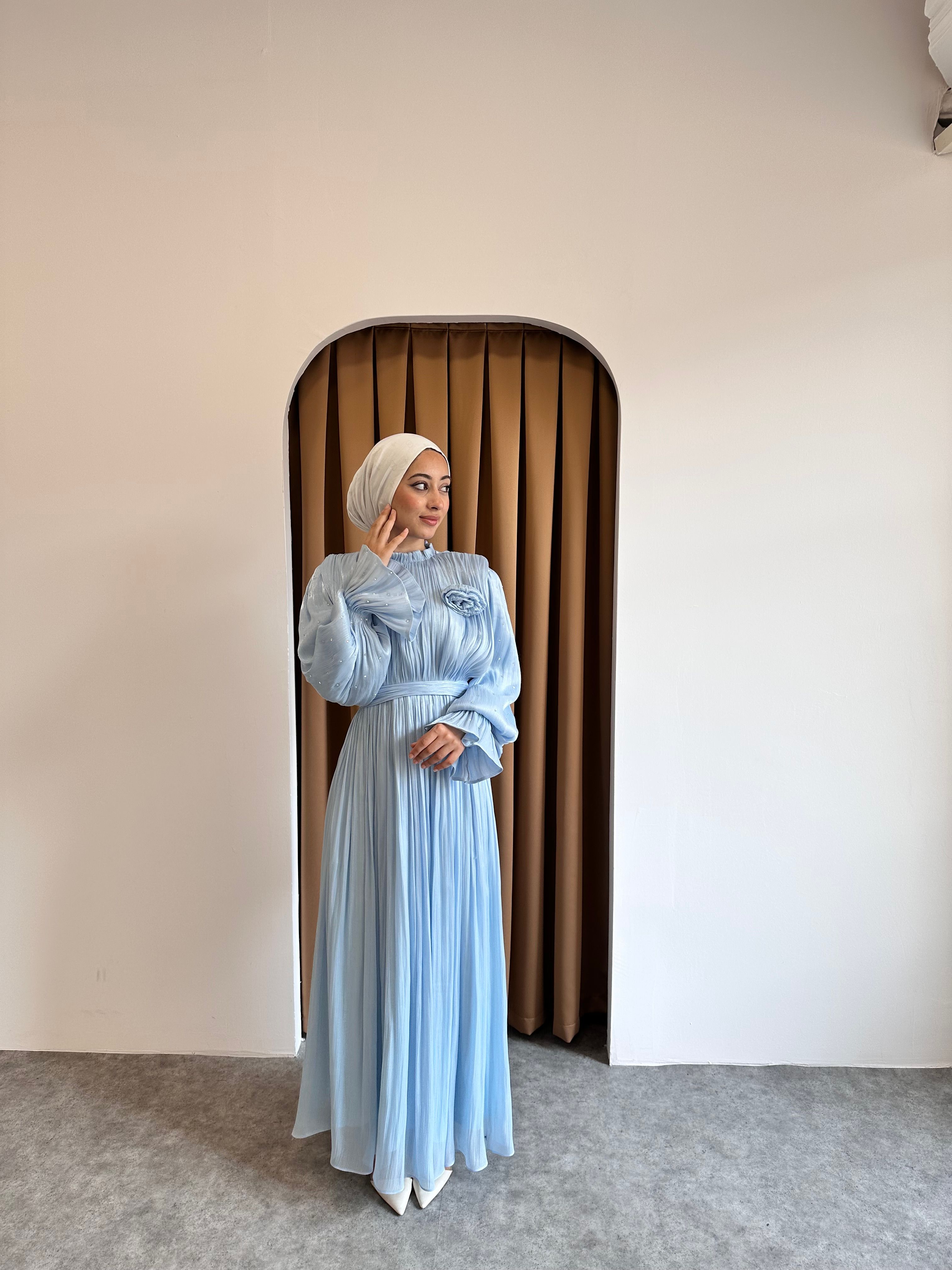 taşlı gül detaylı abiye - Mavi