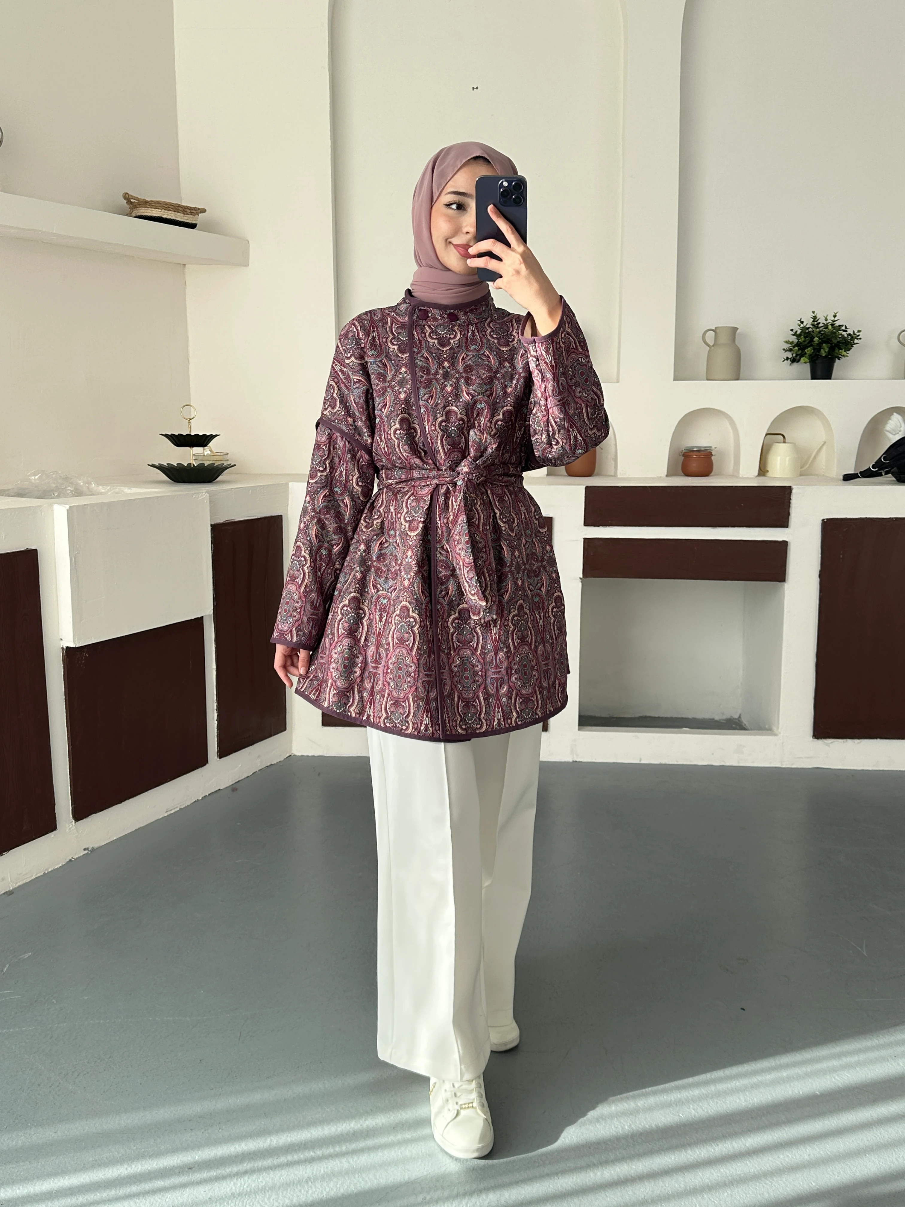 Zarif Kuşaklı Ceket  - Mürdümm