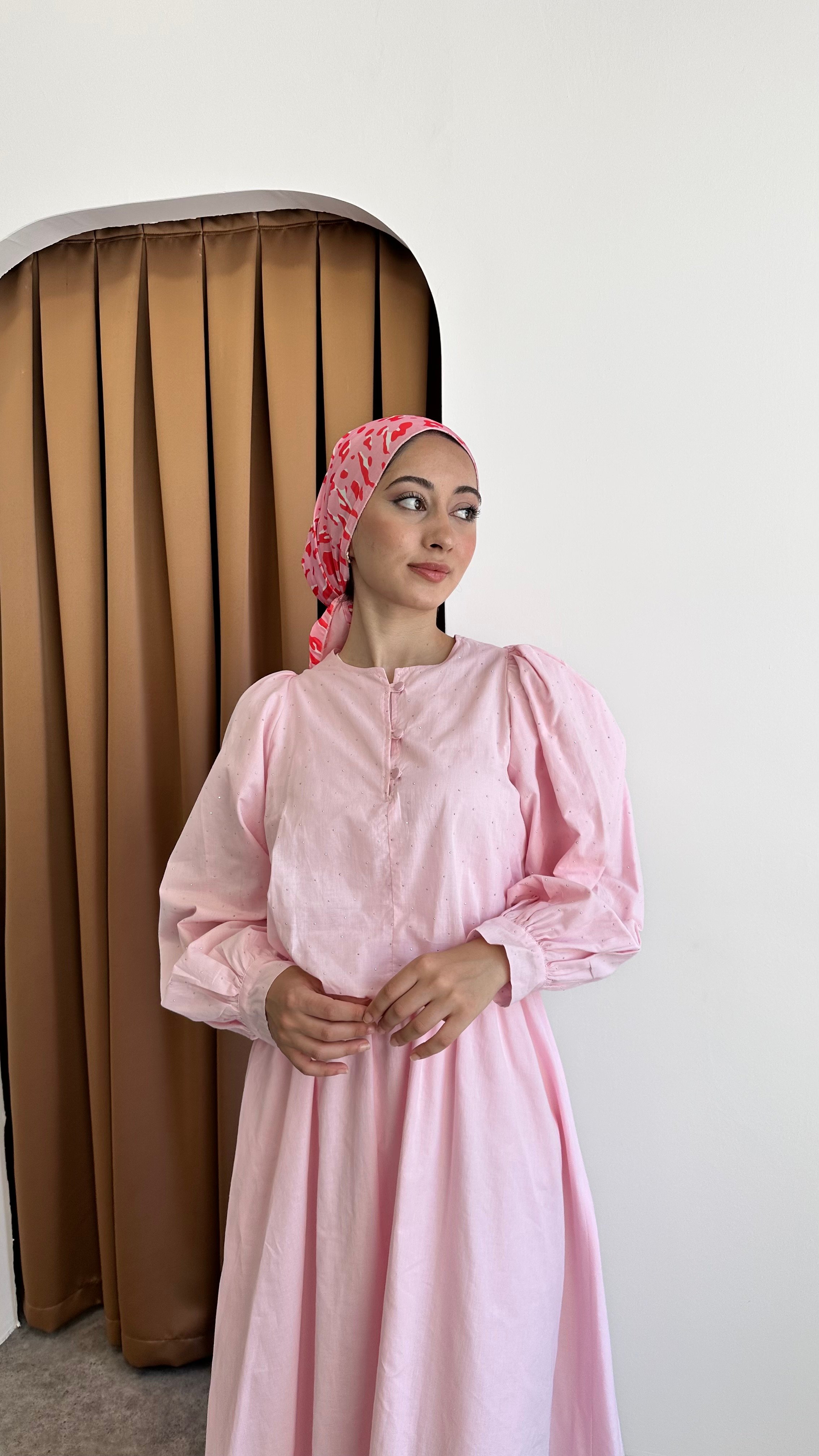 Taşlı keten elbise - Pembe