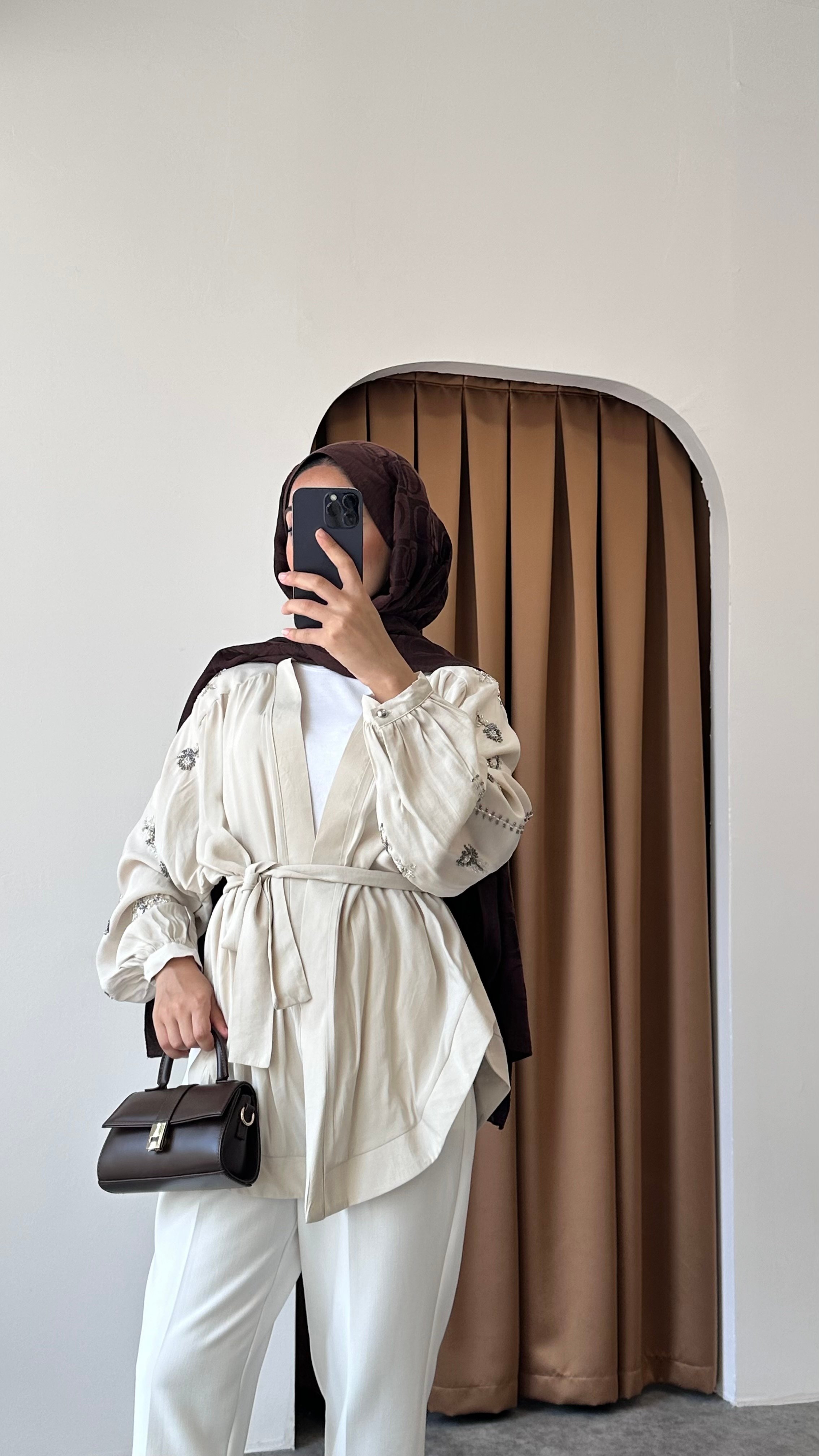 Taş detaylı kimono - Bej