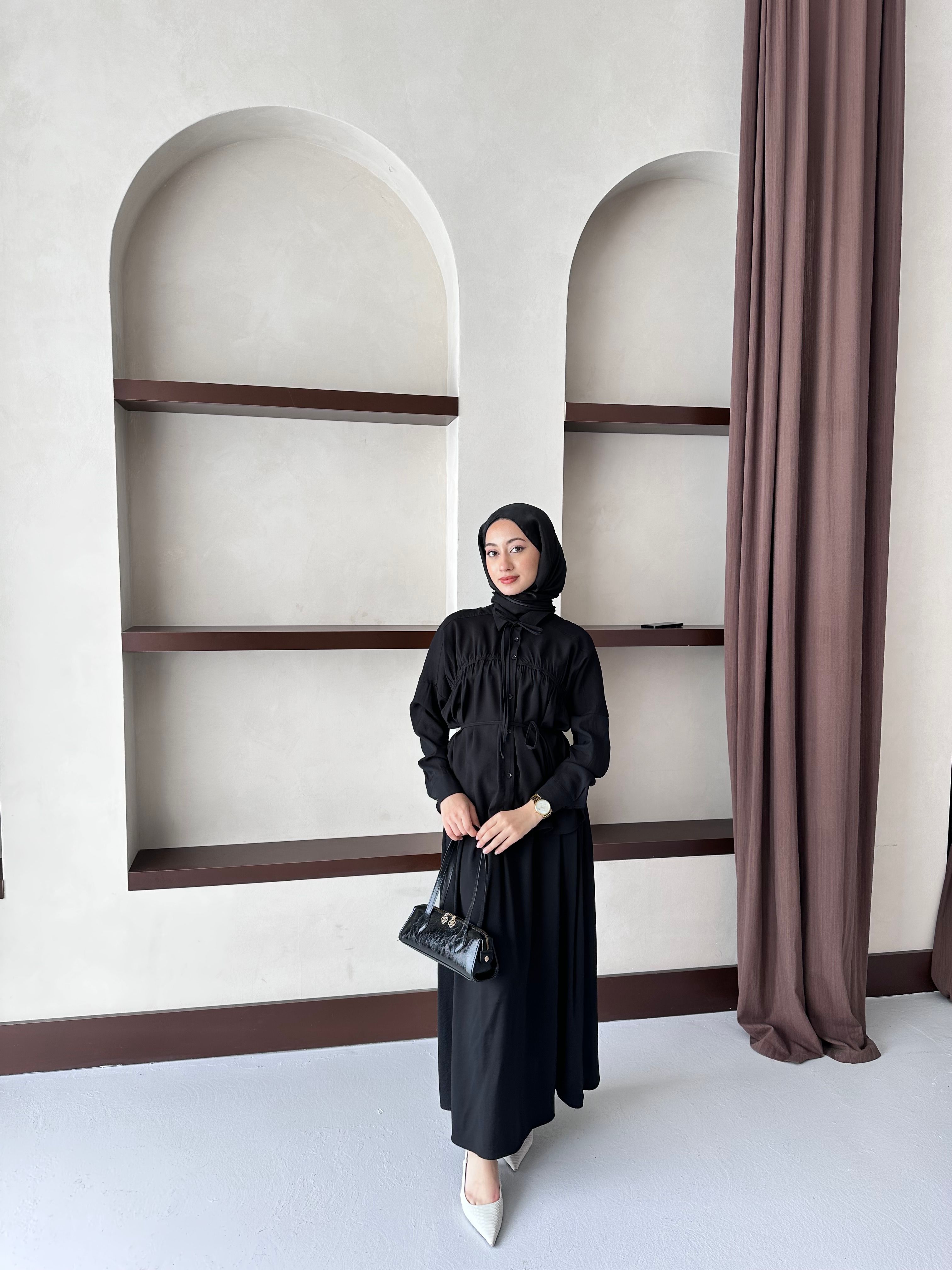 Lina Dökümlü Etek Takım - Siyah