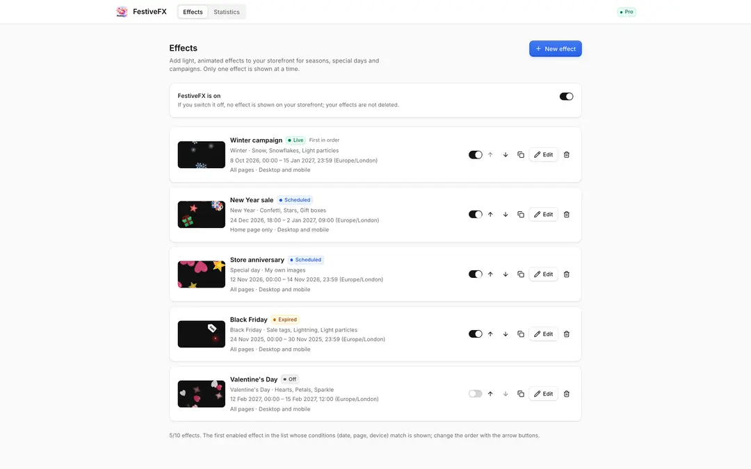 FestiveFX effect list: live, scheduled, expired and off effects