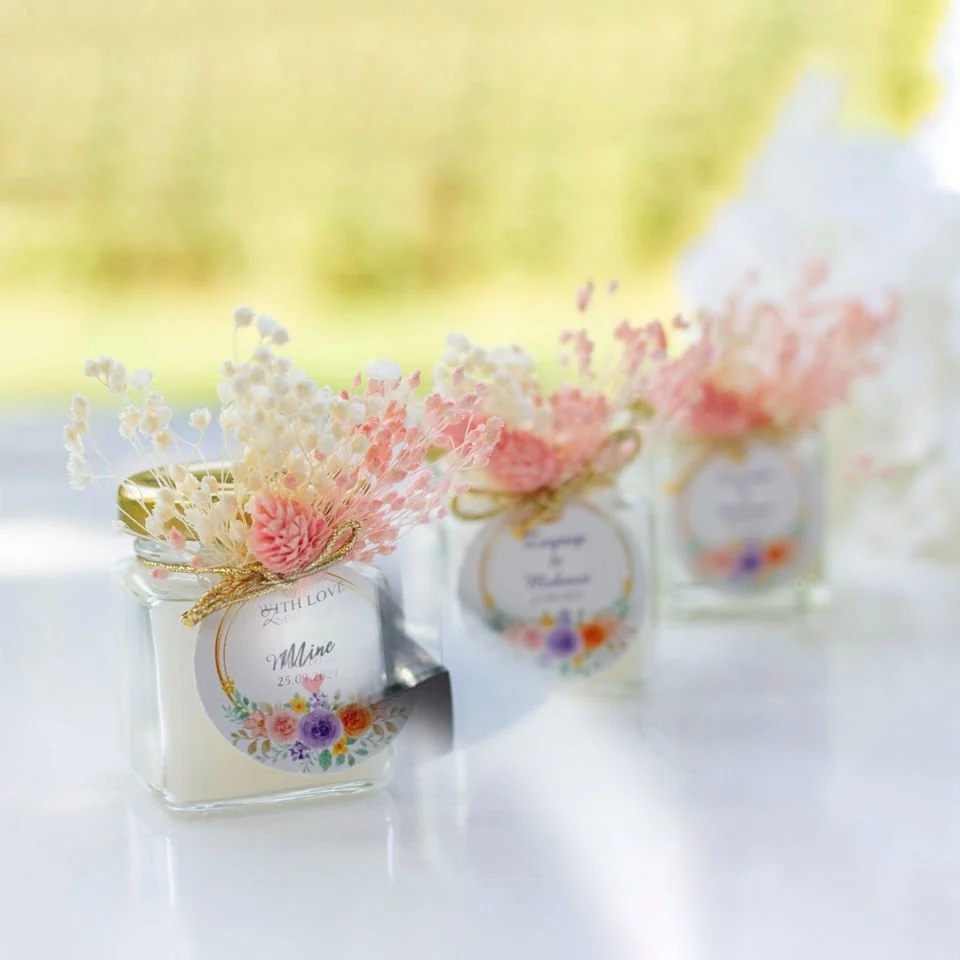 Hediyelik Jel Mum - Pembe Kuş Otu ve Broom Bloom Süslemeli