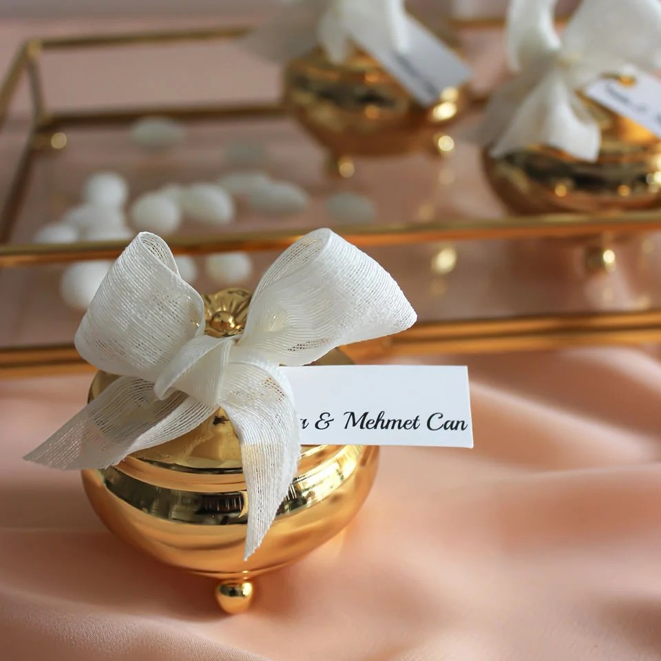 Nikah Şekeri - Badem Şekerli Kurdele Süslemeli - Gold