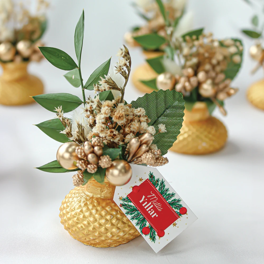 Yılbaşı Temalı Hediye Kutulu Dekoratif Vazo Modelleri - Gold