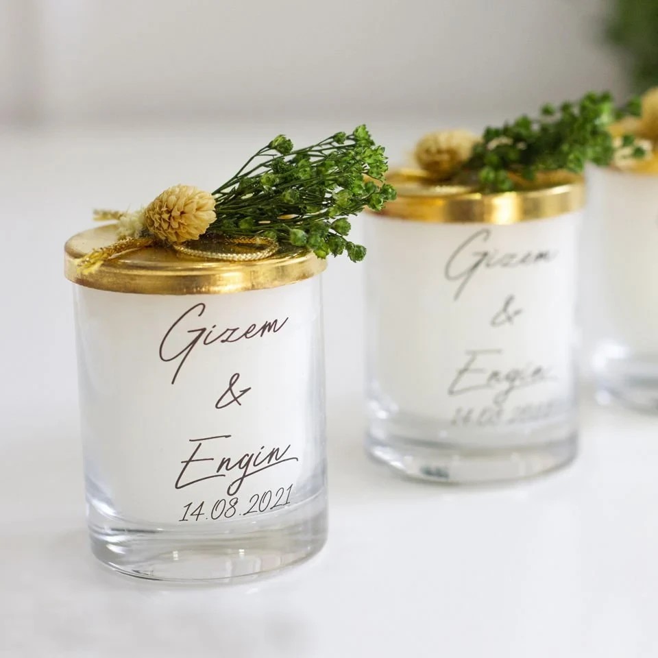 Hediyelik Bardak Mum - Yeşil Broom Bloom Süslemeli