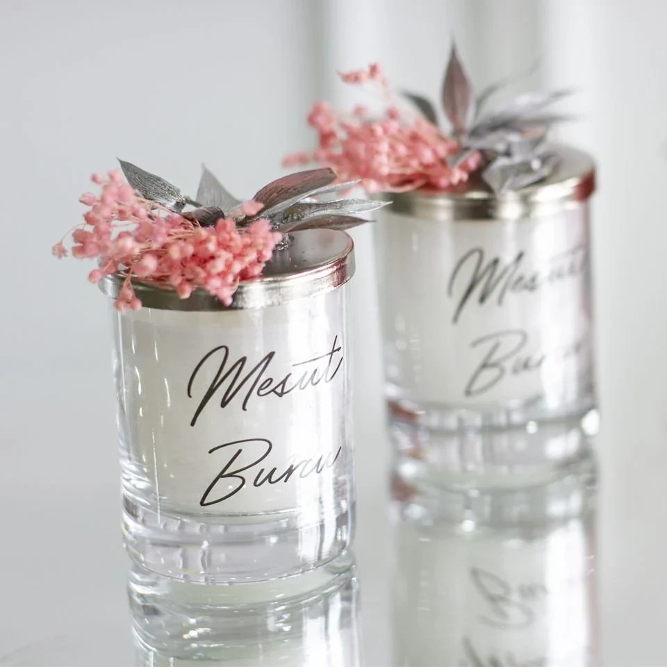 Hediyelik Bardak Mum - Pembe Broom Bloom Süslemeli
