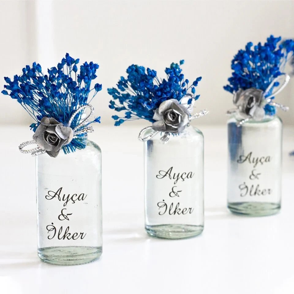 Hediyelik Küçük Kolonya Şişesi - Mavi Broom Bloom ve Gül Süslemeli