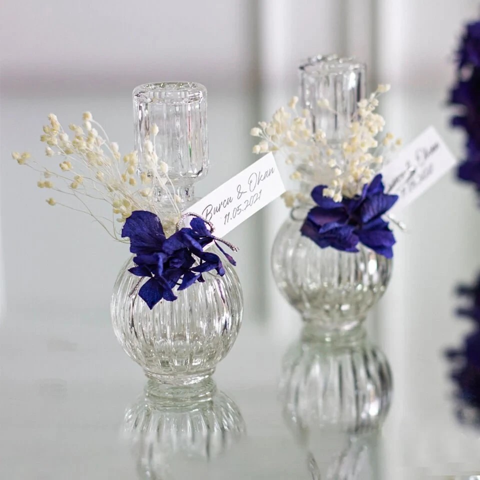 Hediyelik Lüks Kolonya Şişesi - Mavi Çiçek ve Broom Bloom Süslemeli