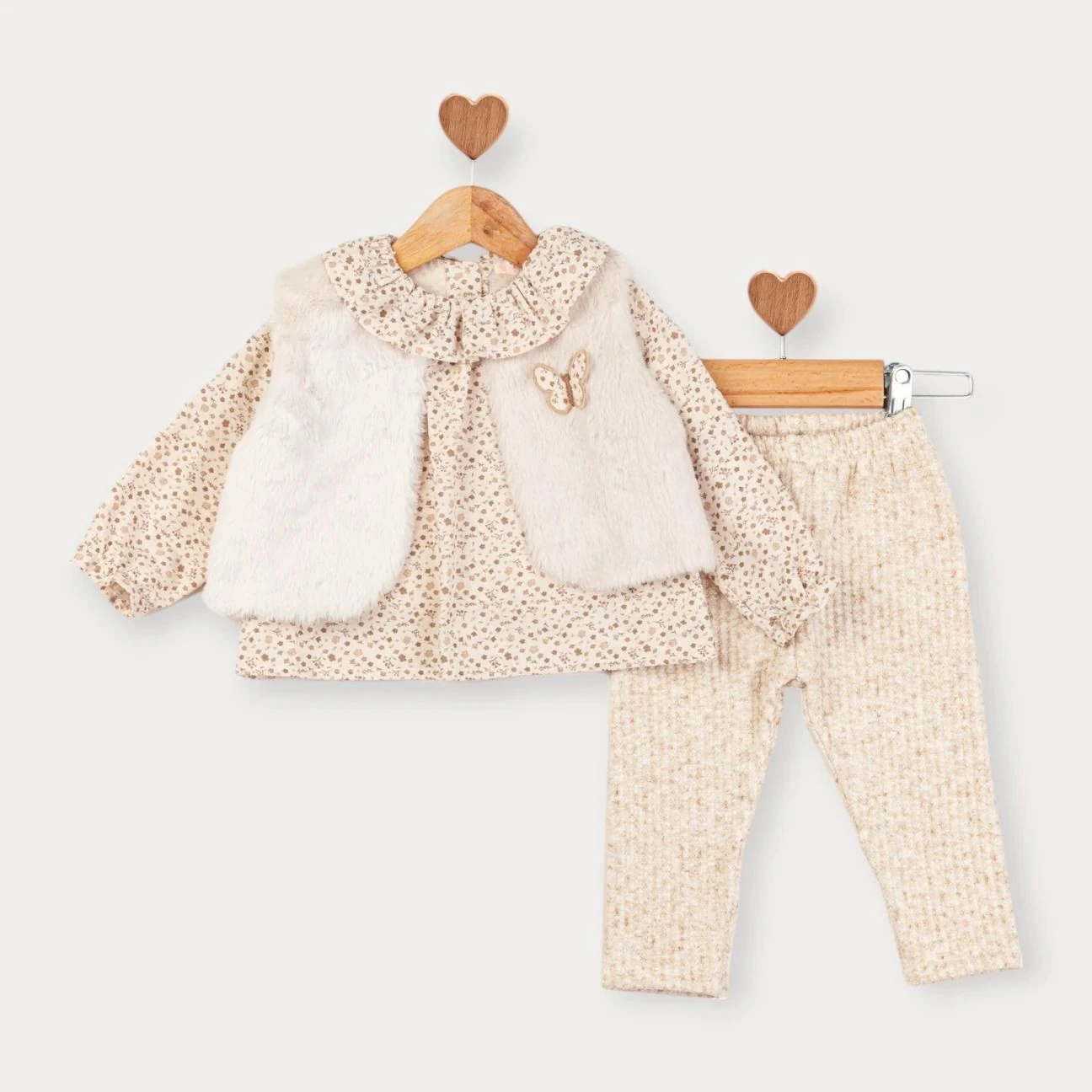 Kız Bebek Çıtır Çiçek Gömlek Taytlı Takım - Bej