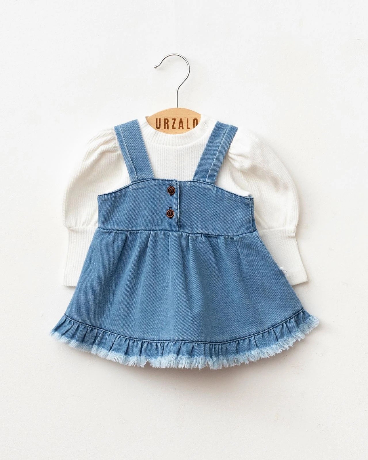 Moonaself Baby Püsküllü Kız Bebek Kot Jile Elbise ve Ribana Balon Bluz