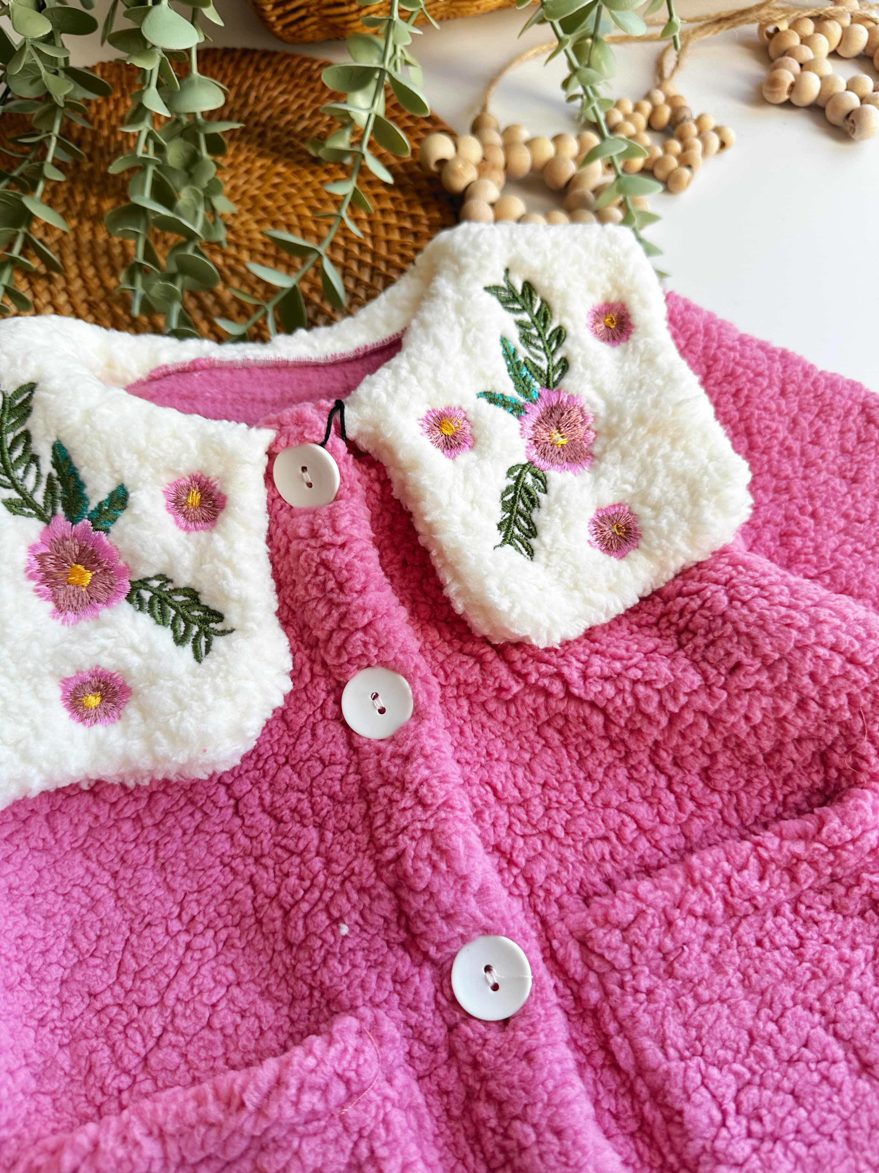 Moonaself Baby Kız Bebek Nakış Yakalı Peluş Hırka
