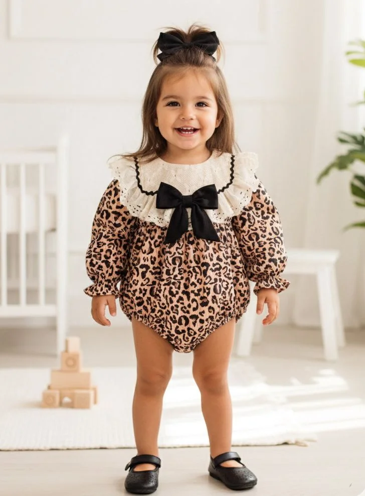 Moon Baby Kız Bebek Fırfır Yaka Fiyonk Leopar Desenli Romper