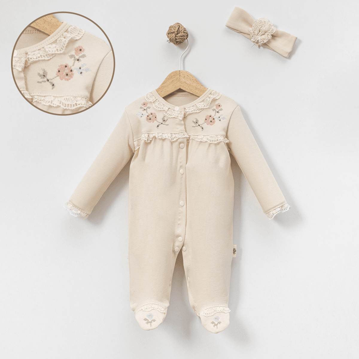 Moonaself Baby 0-3 Ay Organik Pamuklu Kanaviçeli 2li Tulum
