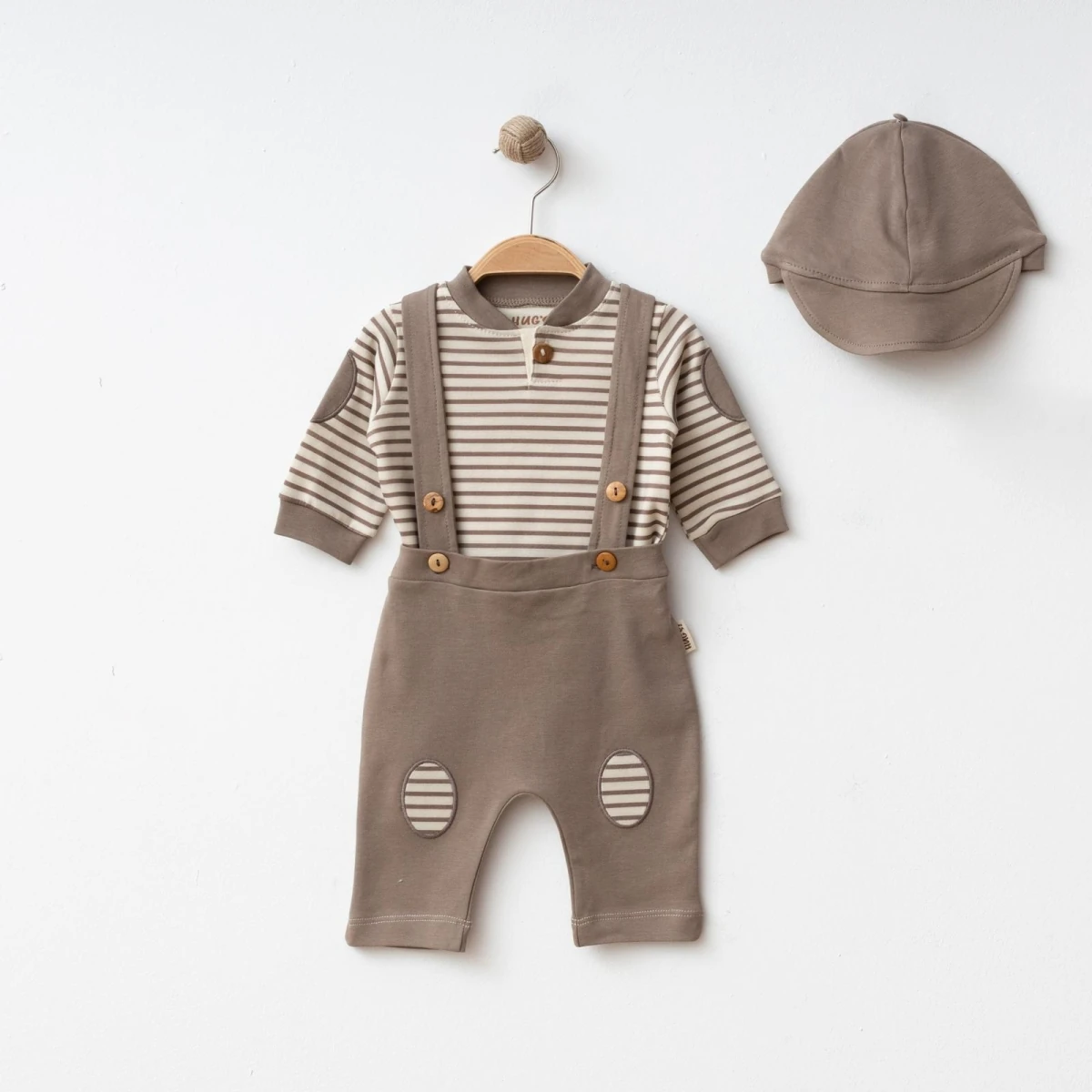 Moonaself Baby Erkek Bebek Salopetli Çizgili 3lü Takım - Kahverengi