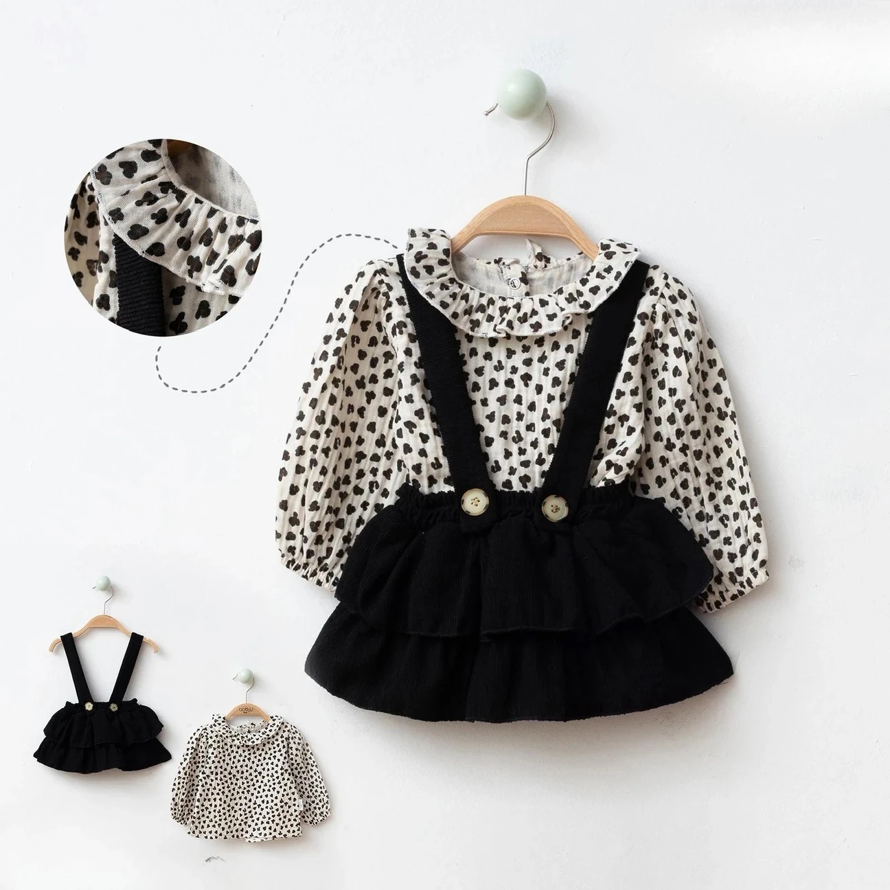 %100 Pamuk Leopar Detaylı Kat Etekli Gömlek & Jile İkili Şık Bebek Takımı
