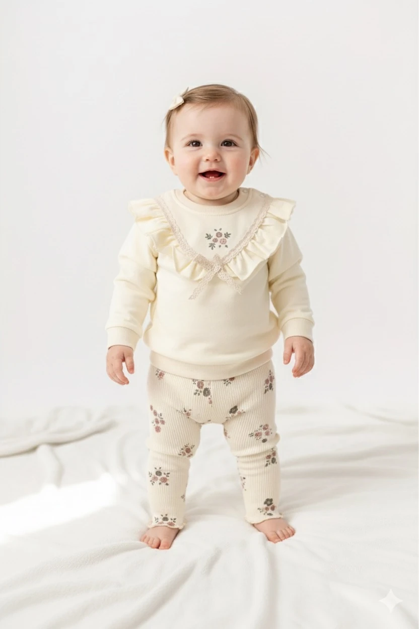 Moon Sophia Kız Bebek Pamuklu Yaka Nakışlı 2’li Takım