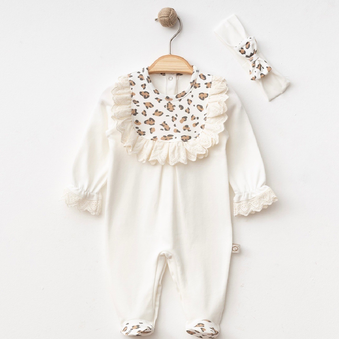 Moonaself Baby Kız Bebek Ekru Fistolu Leopar Desenli Bandanalı Tulum