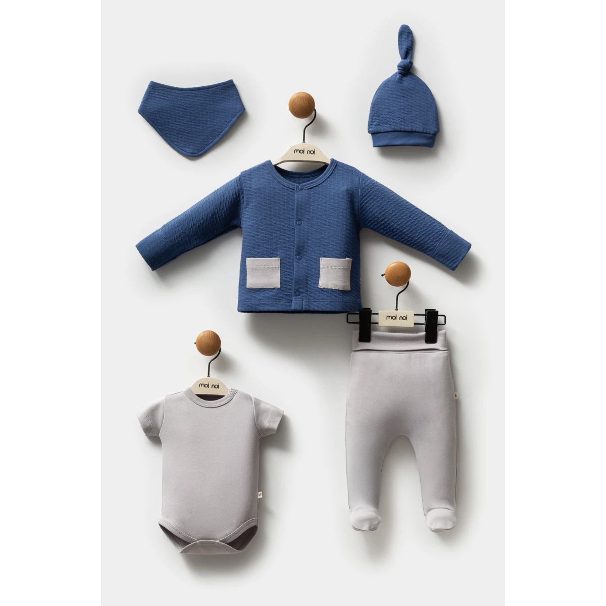 Moon Baby Organik Pamuk Kumaş Premıum Moi Erkek Bebek 5li Hastane Çıkış Seti