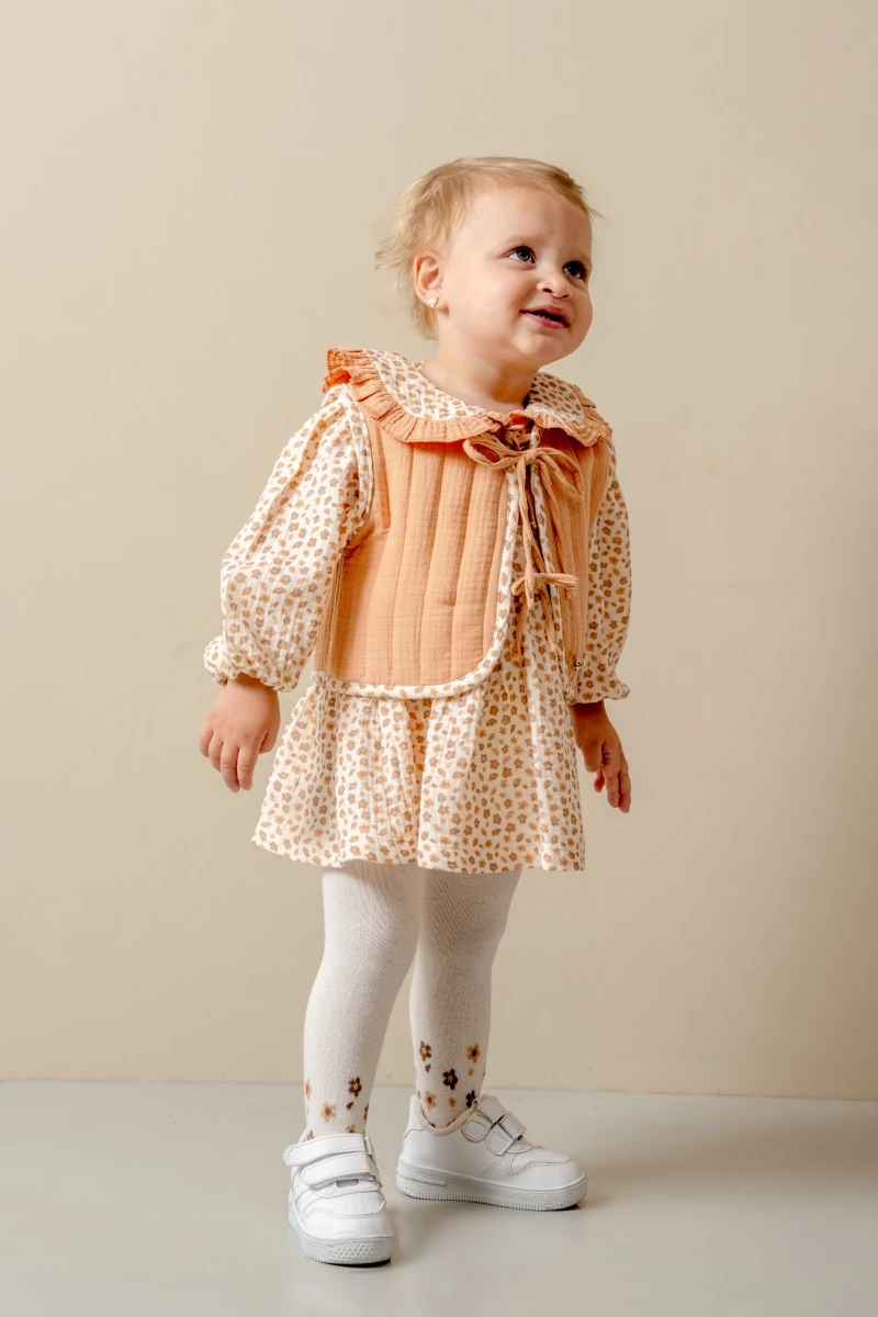 Moon Baby Kapitone Ceketli Çiçek Detaylı Elbise Çorap 3'lü Takım - Somon