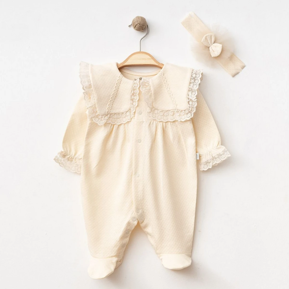 Moon Baby Kız Bebek Fistolu Yaka Bandanalı 2li Set - Krem