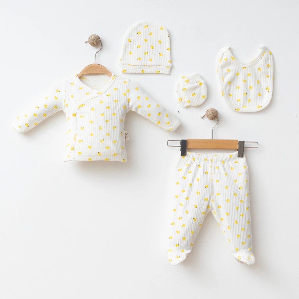 Moon Baby Organik Pamuk Kumaşlu Ördek Baskılı 5li Hastane Çıkış Seti - Sarı