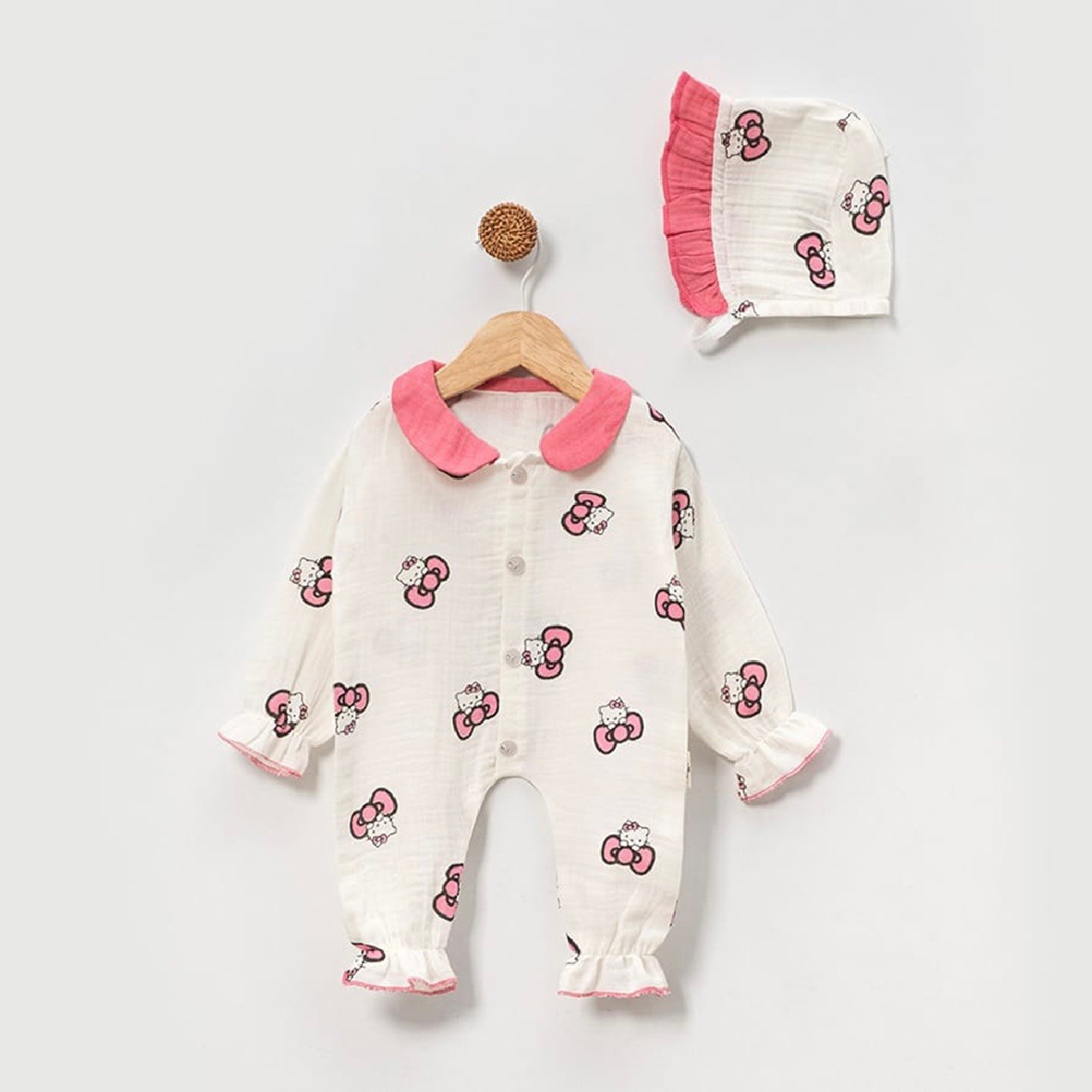 Moonaself Baby 0-3 Ay Pamuklu Müslin Kumaş Şapkalı Tulum