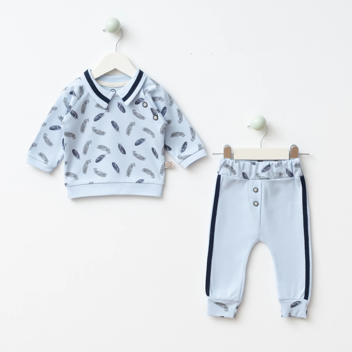 Moon Baby Organik Pamuklu Penye Yakalı 2li Takım - Bebek Mavi