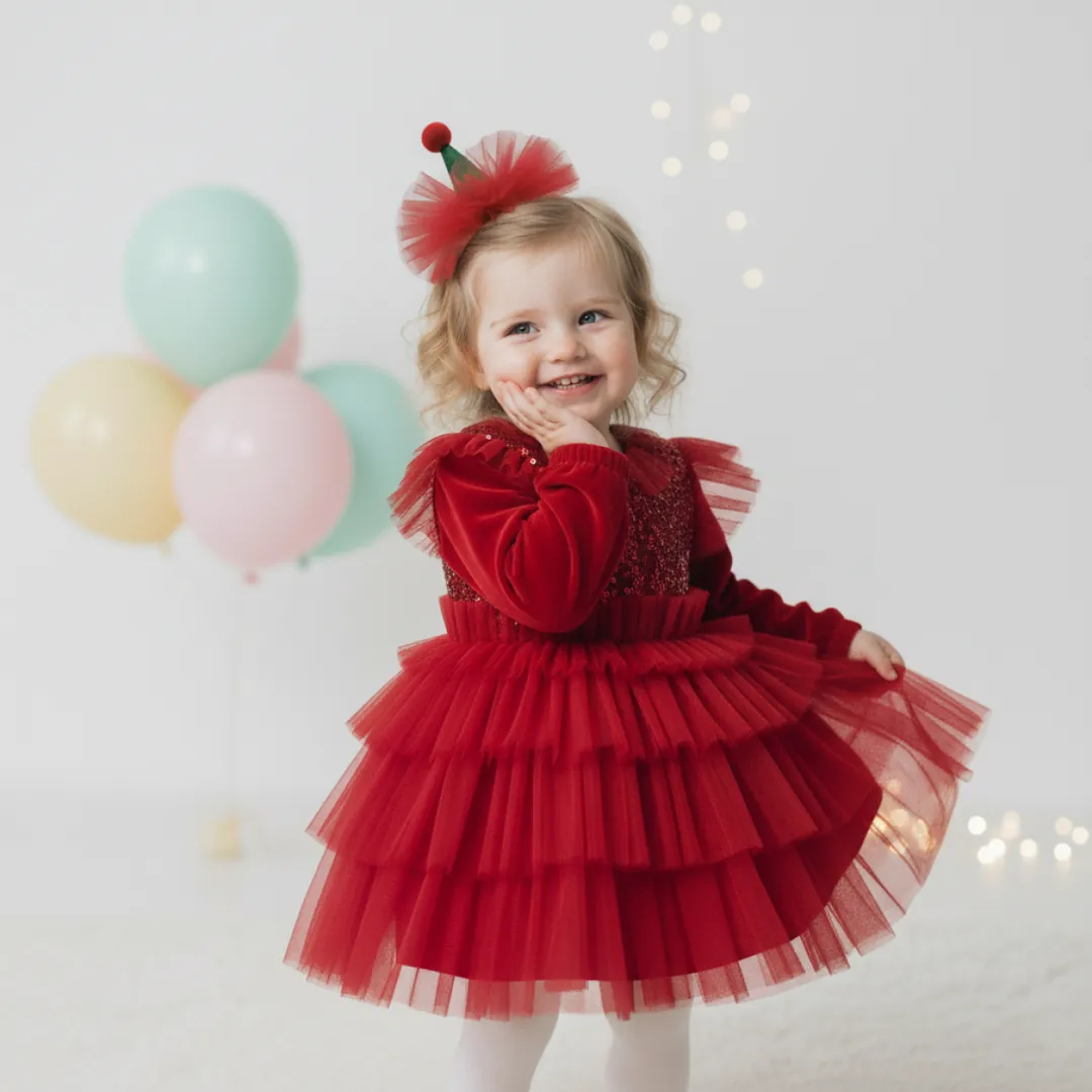 Moon Baby Kırmızı Tüllü Kadife Fiyonk Elbise