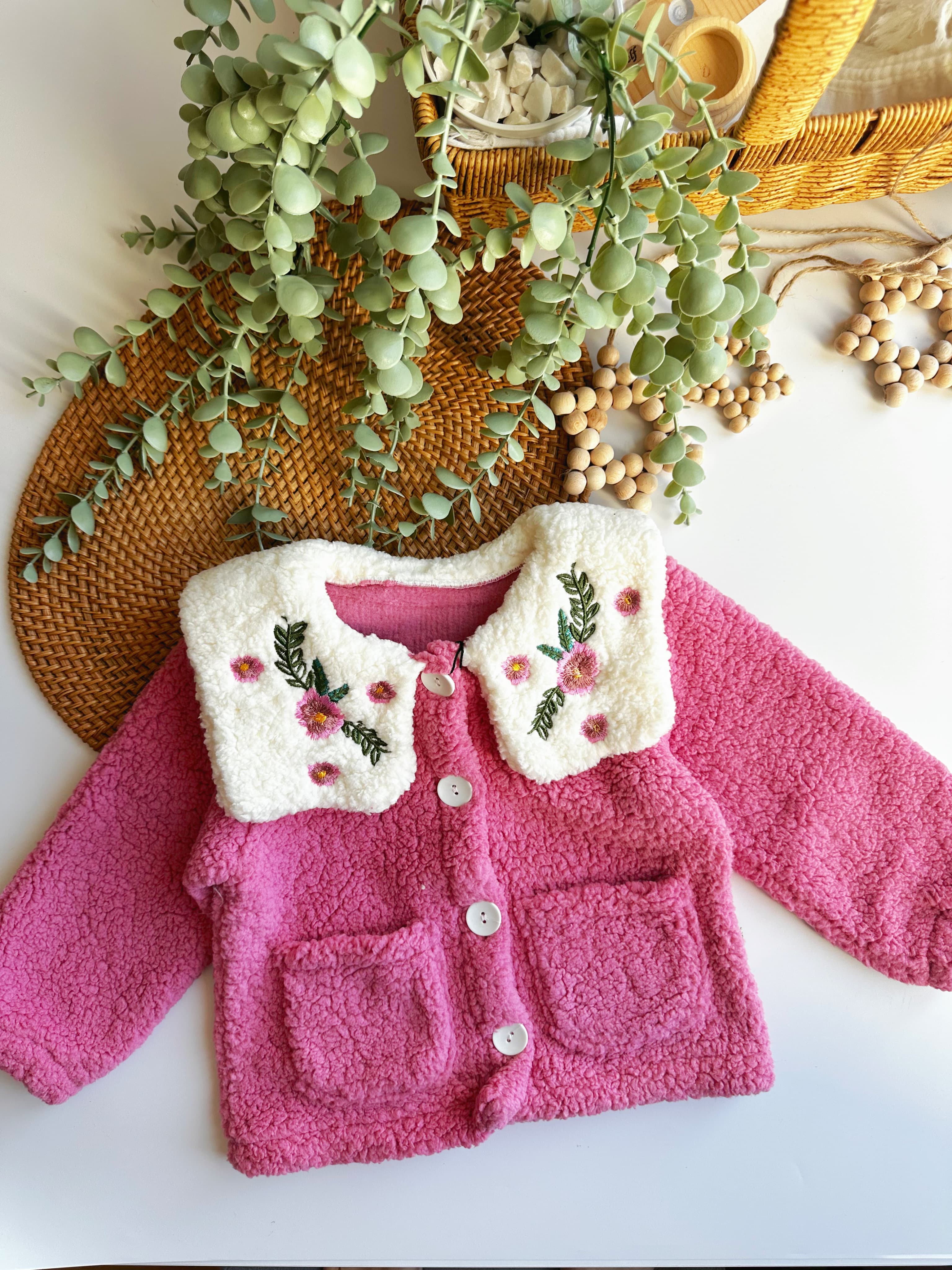 Moonaself Baby Kız Bebek Nakış Yakalı Peluş Hırka