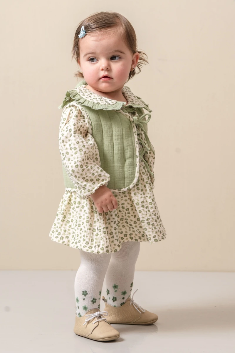 Moon Baby Kapitone Ceketli Çiçek Detaylı Elbise Çorap 3'lü Takım - Mint Yeşili