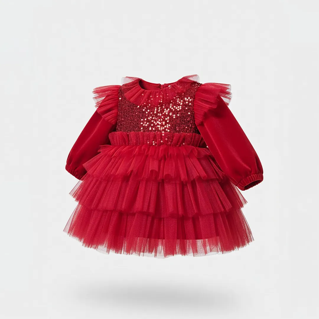 Moon Baby Kırmızı Tüllü Kadife Fiyonk Elbise
