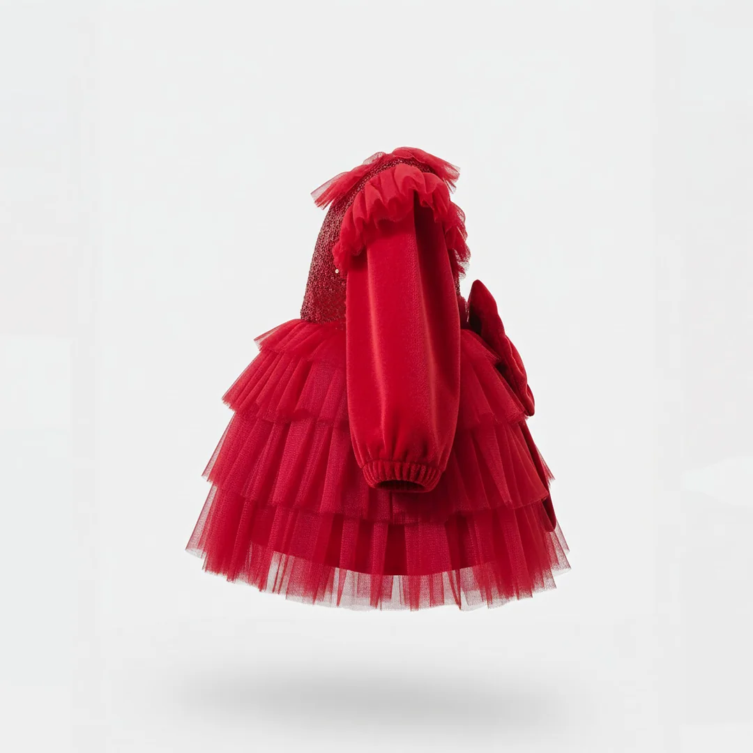 Moon Baby Kırmızı Tüllü Kadife Fiyonk Elbise