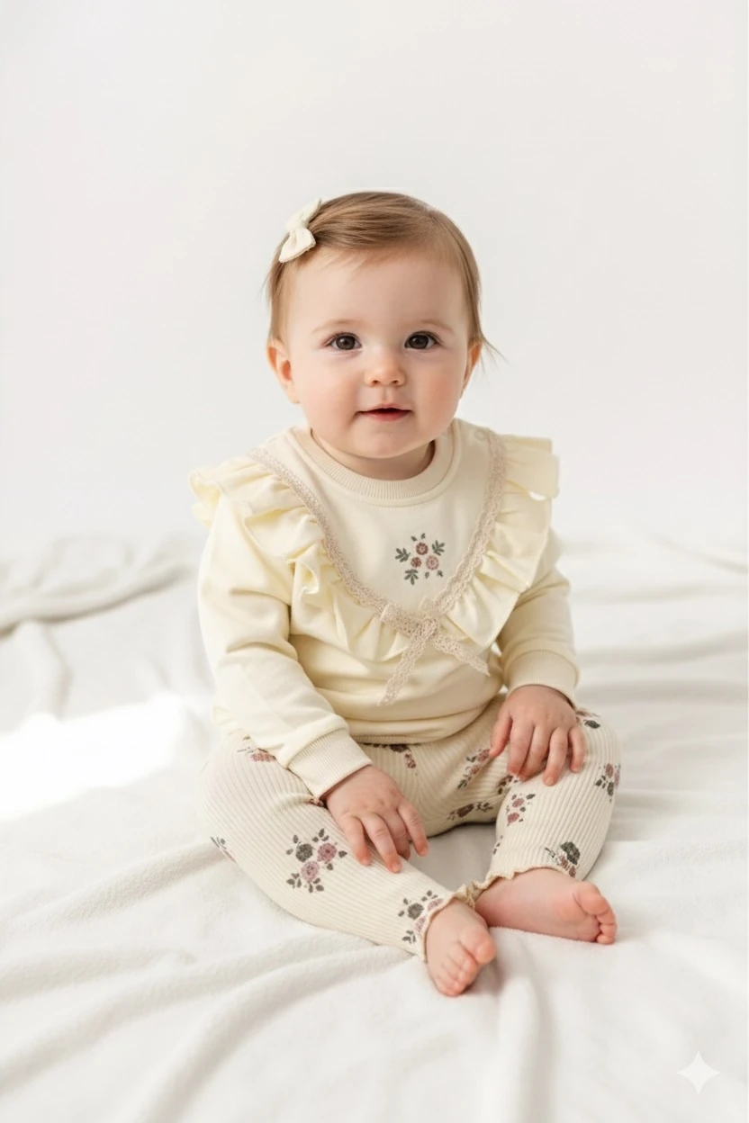 Moon Sophia Kız Bebek Pamuklu Yaka Nakışlı 2’li Takım