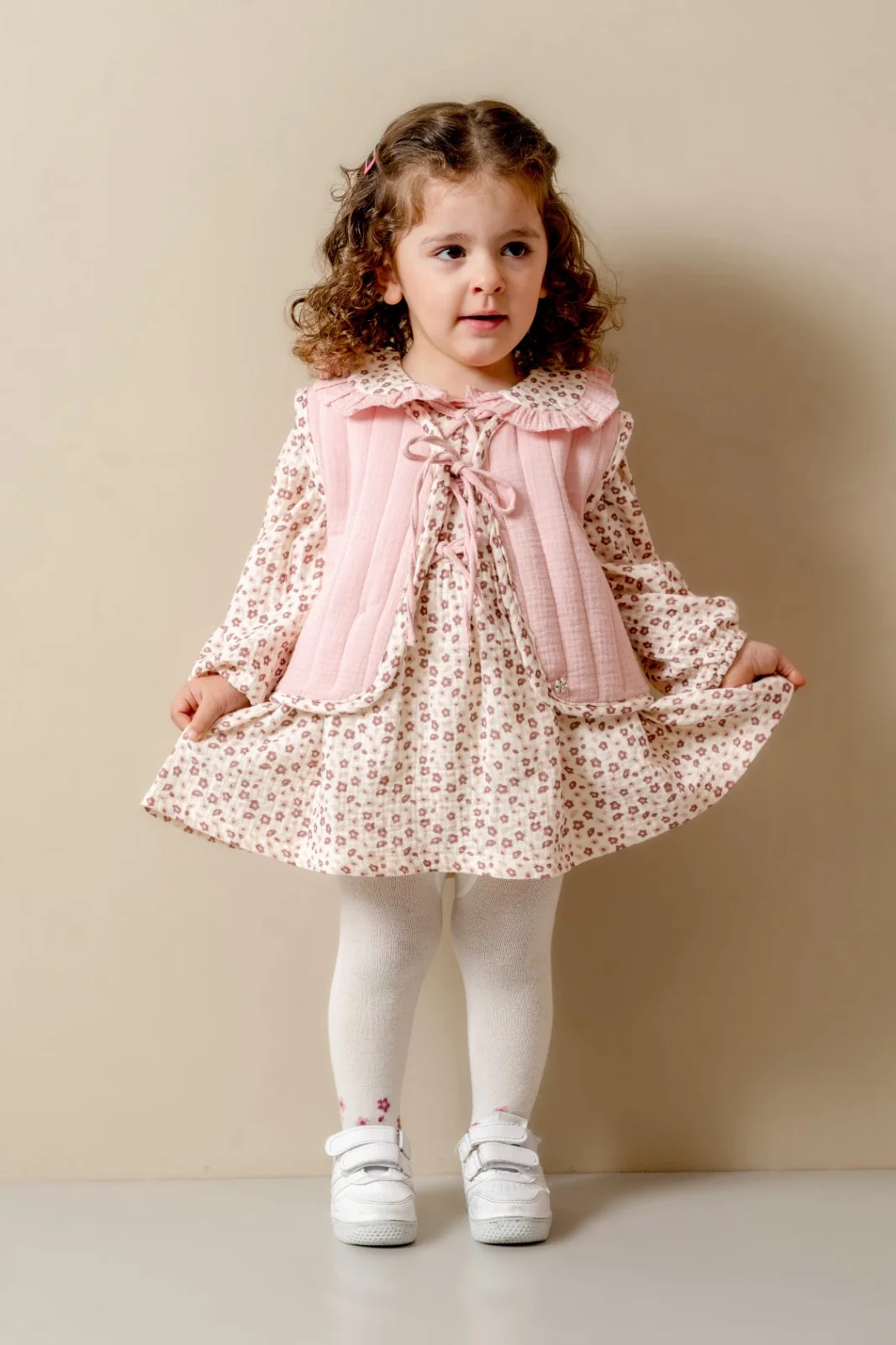 Moon Baby Kapitone Ceketli Çiçek Detaylı Elbise Çorap 3'lü Takım