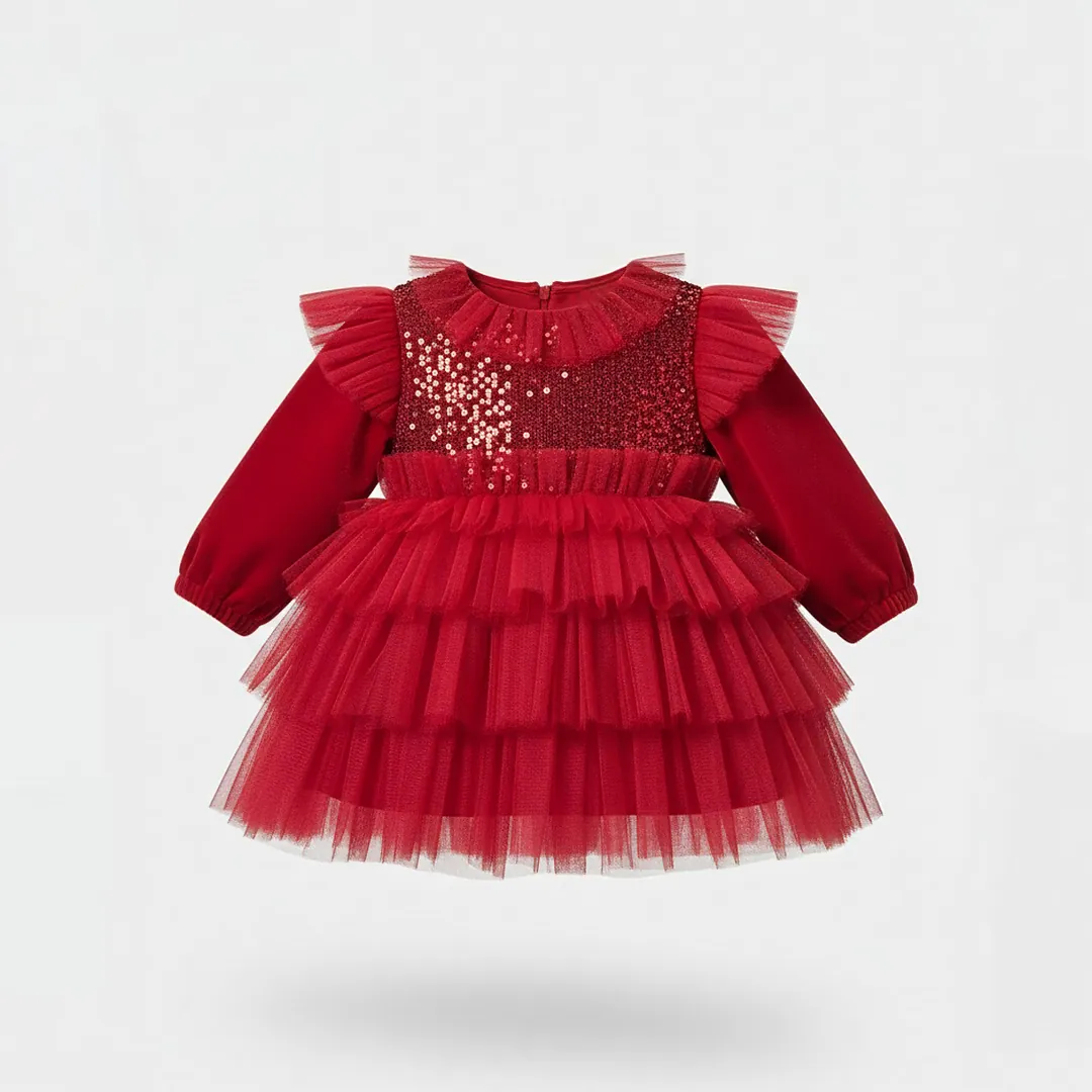 Moon Baby Kırmızı Tüllü Kadife Fiyonk Elbise