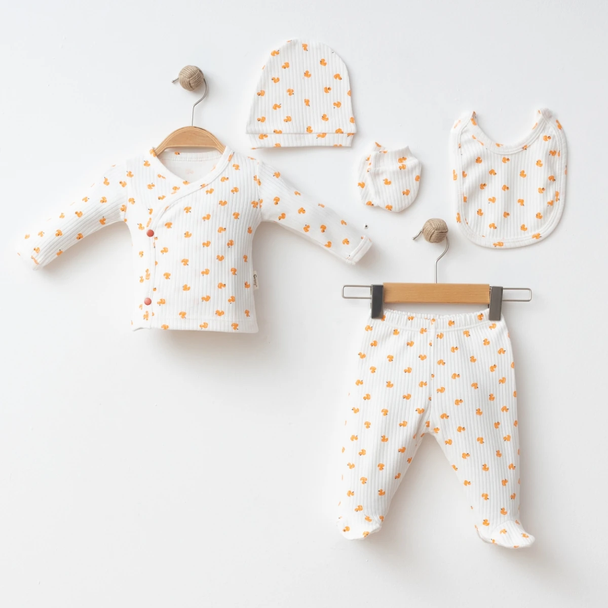 Moon Baby Organik Pamuk Kumaşlu Ördek Baskılı 5li Hastane Çıkış Seti - Turuncu