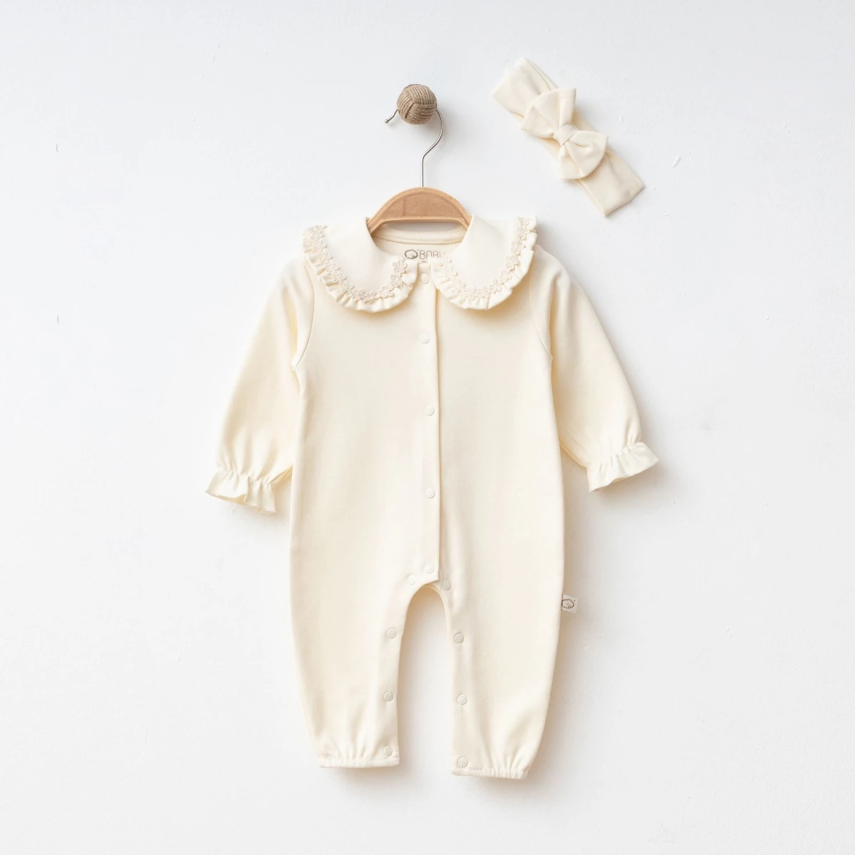 Moon Baby Organik Pamuklu Dantel Yaka Kız Bebek Bandalı 2'li Set - Krem